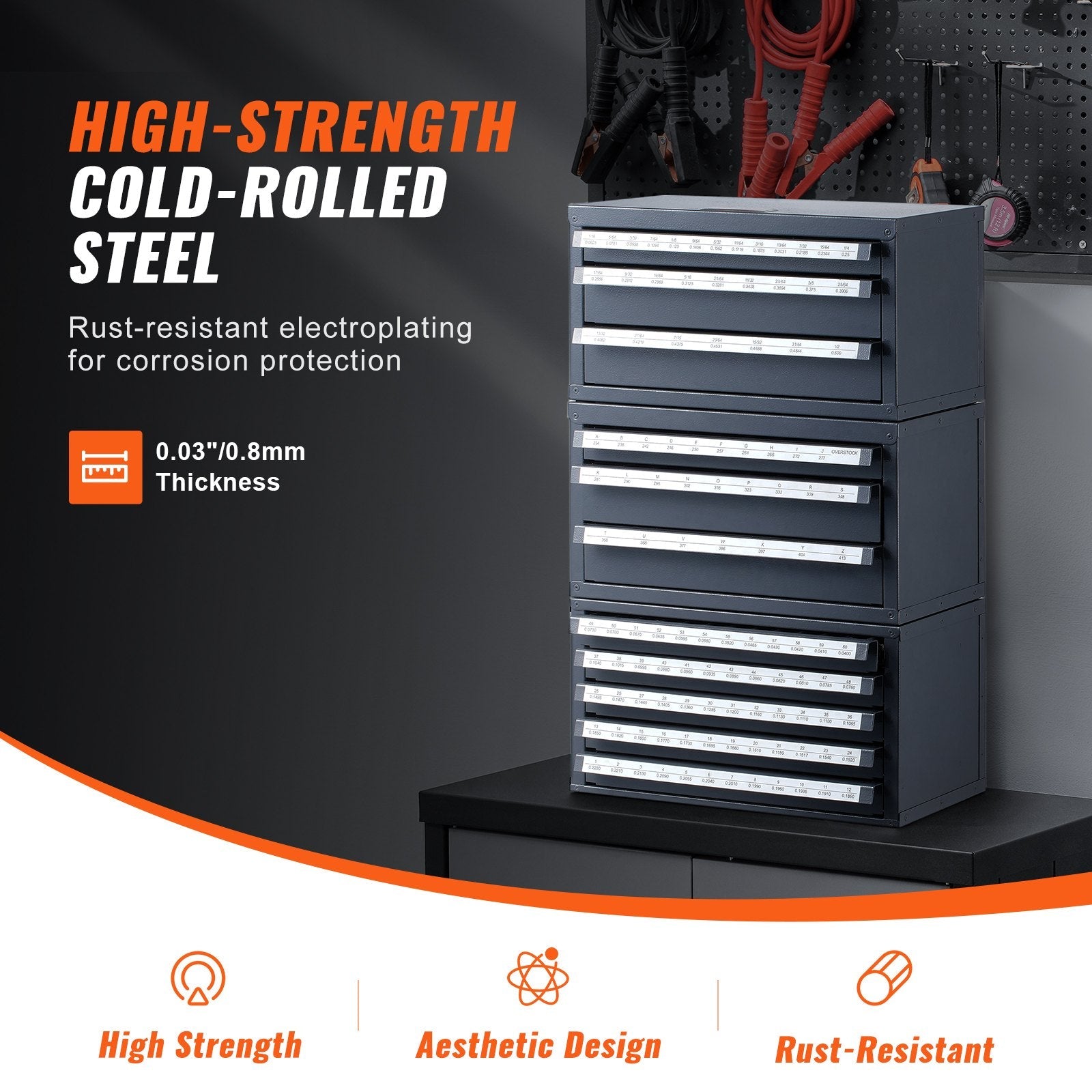 VEVOR Drill Bit Dispenser Cabinet, 3 Pieces Three-Drawer for 1/16" to 1/2" & Letter Sizes A to Z, Five-Drawer Drill Bit Organizer for Wire Gauge Sizes #1 to #60, Stackable for Drill Bit Storage 