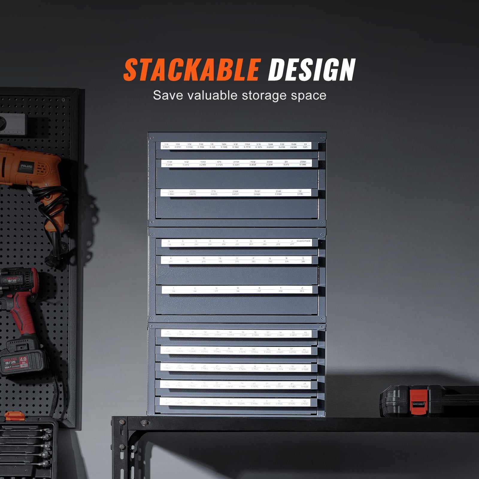 VEVOR Drill Bit Dispenser Cabinet, 3 Pieces Three-Drawer for 1/16" to 1/2" & Letter Sizes A to Z, Five-Drawer Drill Bit Organizer for Wire Gauge Sizes #1 to #60, Stackable for Drill Bit Storage 