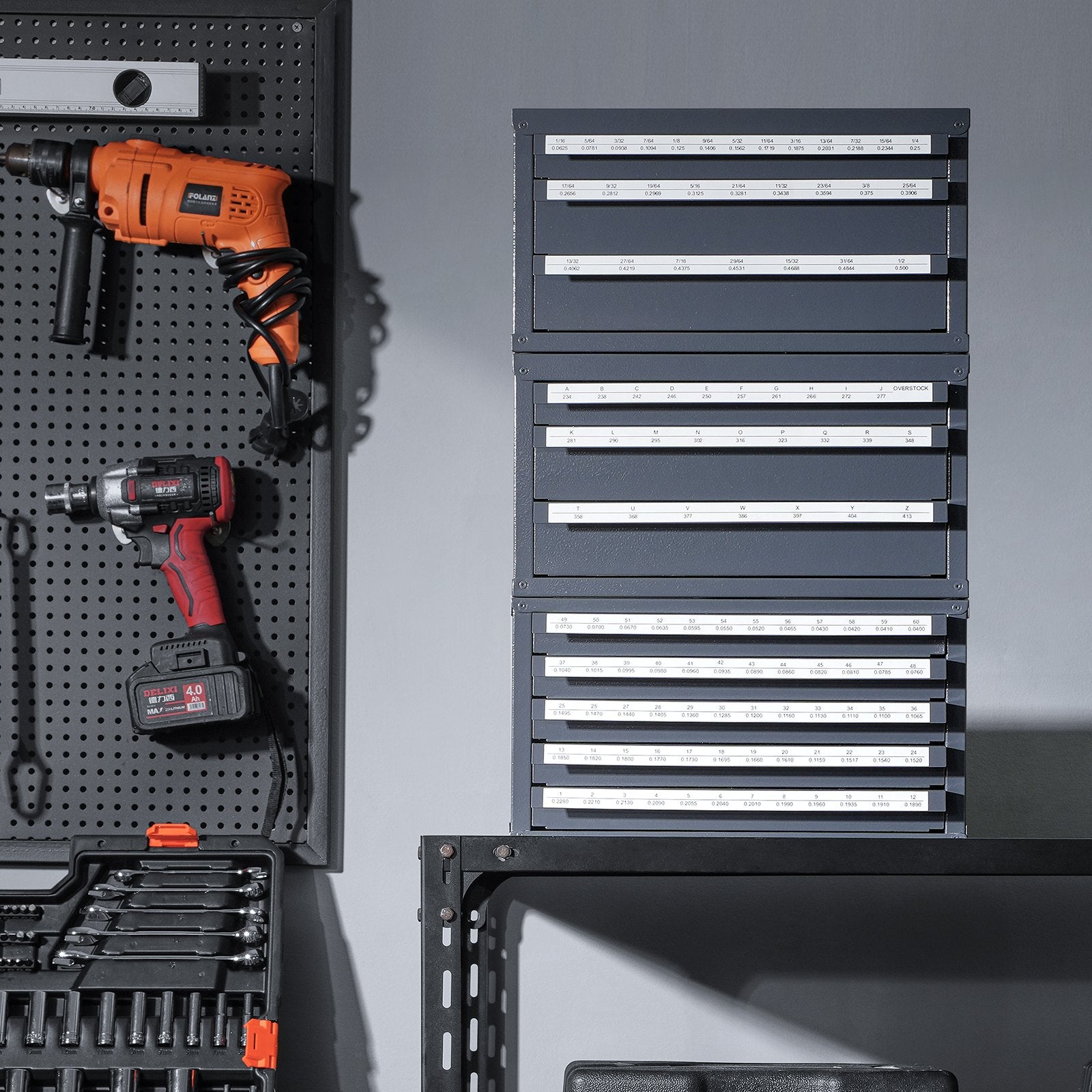 VEVOR Drill Bit Dispenser Cabinet, 3 Pieces Three-Drawer for 1/16" to 1/2" & Letter Sizes A to Z, Five-Drawer Drill Bit Organizer for Wire Gauge Sizes #1 to #60, Stackable for Drill Bit Storage 