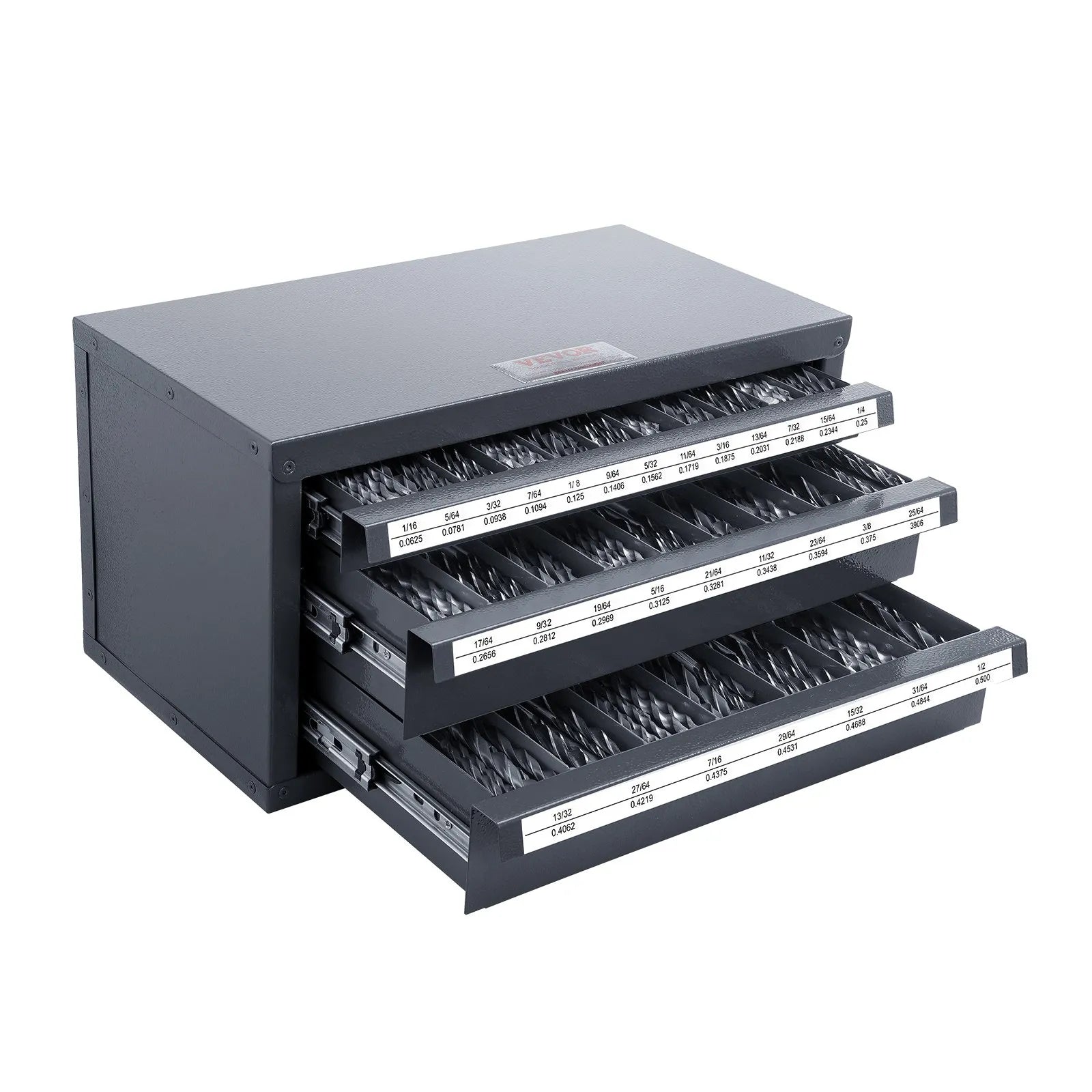 VEVOR Drill Bit Dispenser Cabinet, Three-Drawer Drill Bit Organizer Cabinet for 1/16" to 1/2", Steel Drill Dispenser Organizer Cabinet with Labels, Stackable Drill Dispenser for Drill Bit Storage