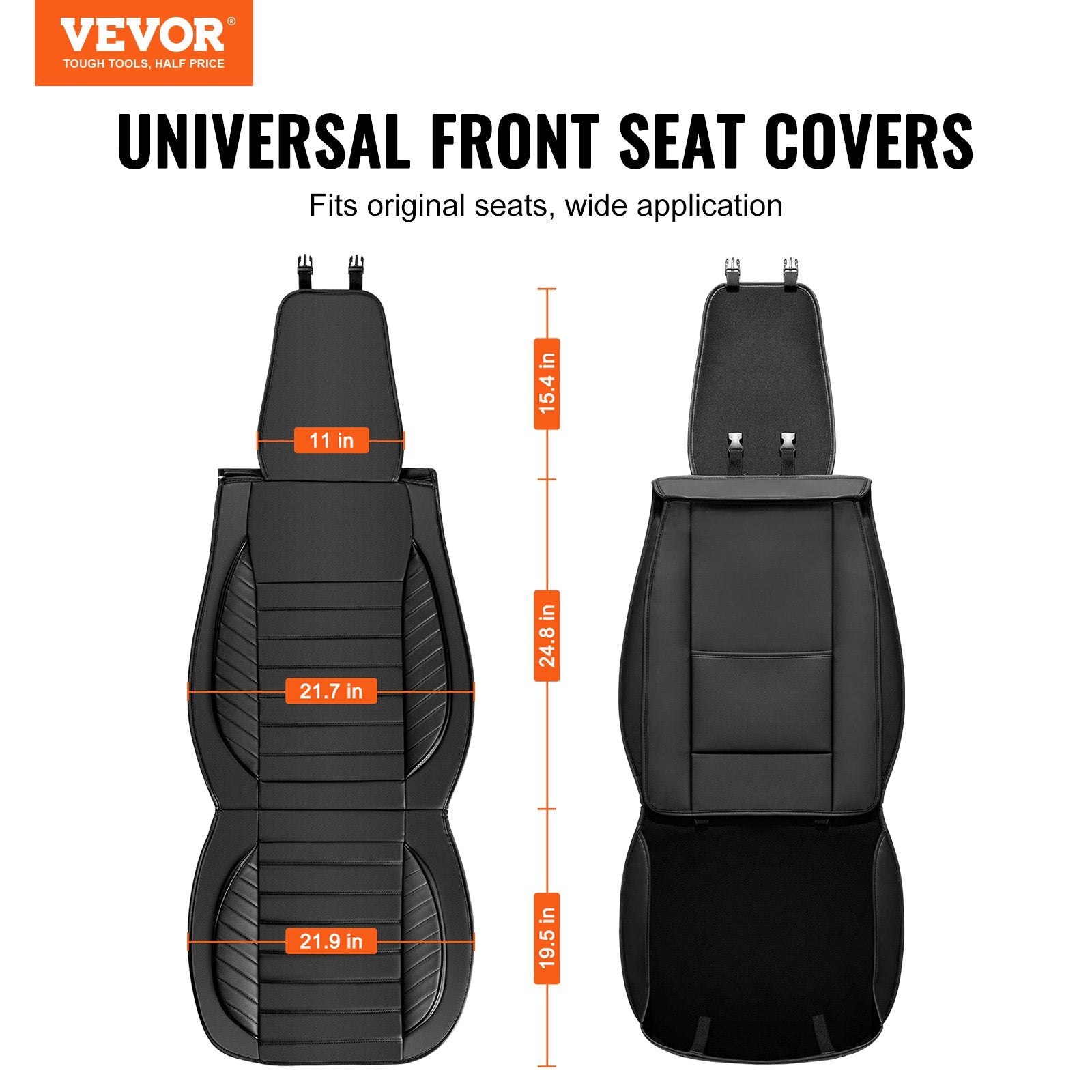 VEVOR Seat Covers, Universal Car Seat Covers Front Seats, 2pcs Faux Leather Seat Cover, Semi-enclosed Design, Detachable Headrest and Airbag Compatible, for Most Cars SUVs and Trucks Black 