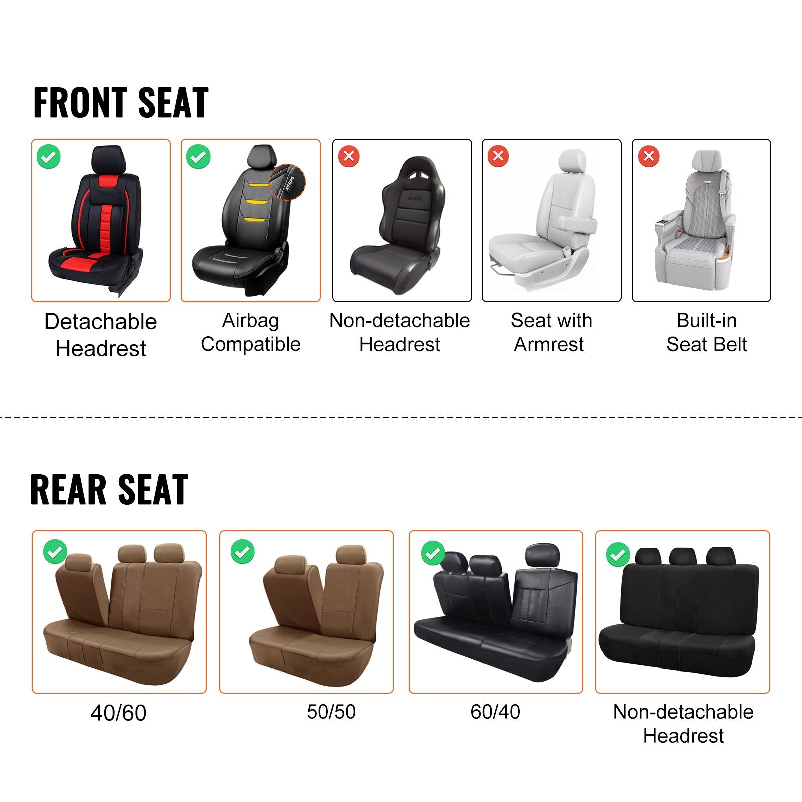 VEVOR Seat Covers, Universal Car Seat Covers Full Set Seats, Front and Rear Seat, 13pcs Faux Leather Seat Cover, Full Enclosed Design, Detachable Headrest and Airbag Compatible, for Most Car SUV Truck 