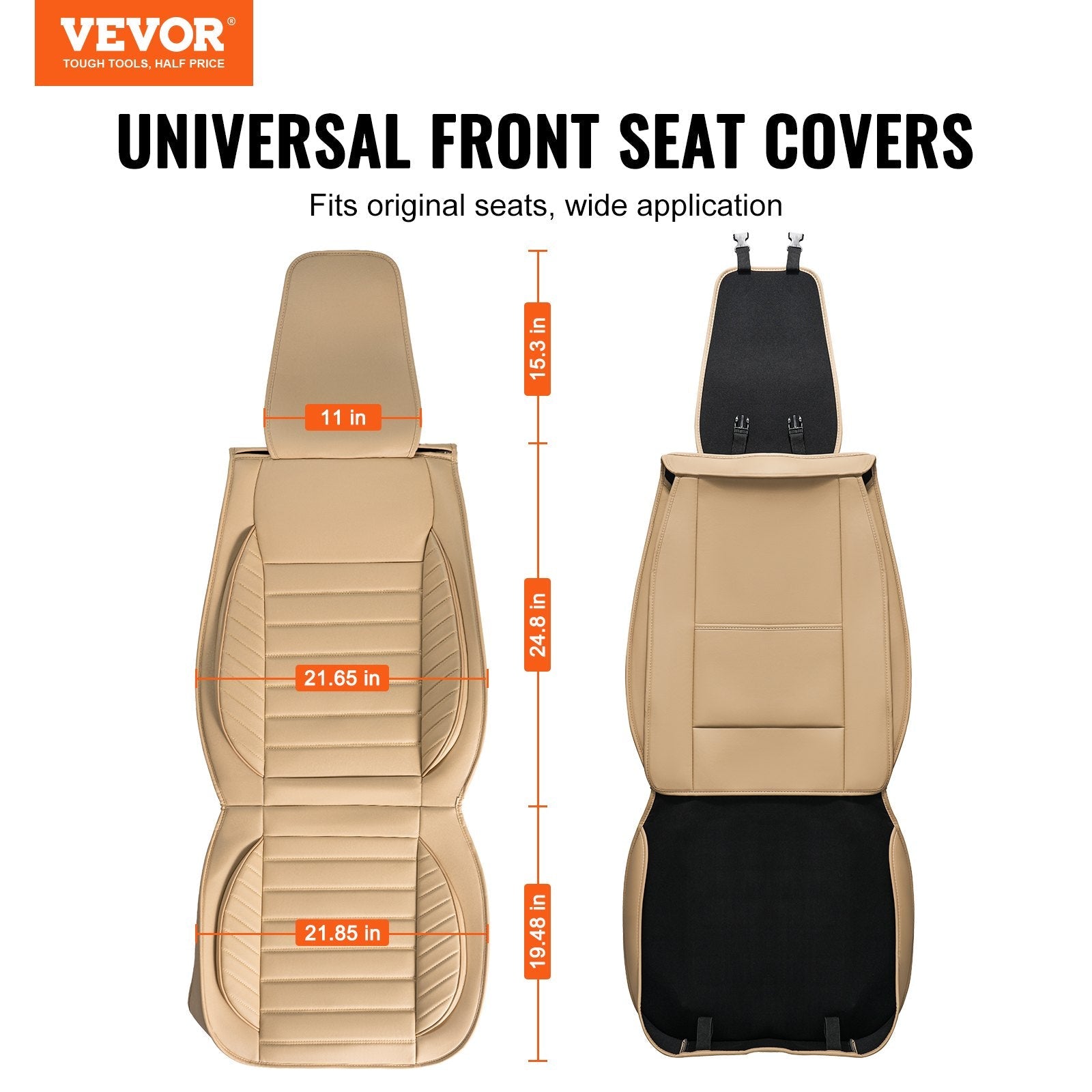 VEVOR Seat Covers, Universal Car Seat Covers Front Seats, 2pcs Faux Leather Seat Cover, Semi-enclosed Design, Detachable Headrest and Airbag Compatible, for Most Cars SUVs and Trucks Beige 