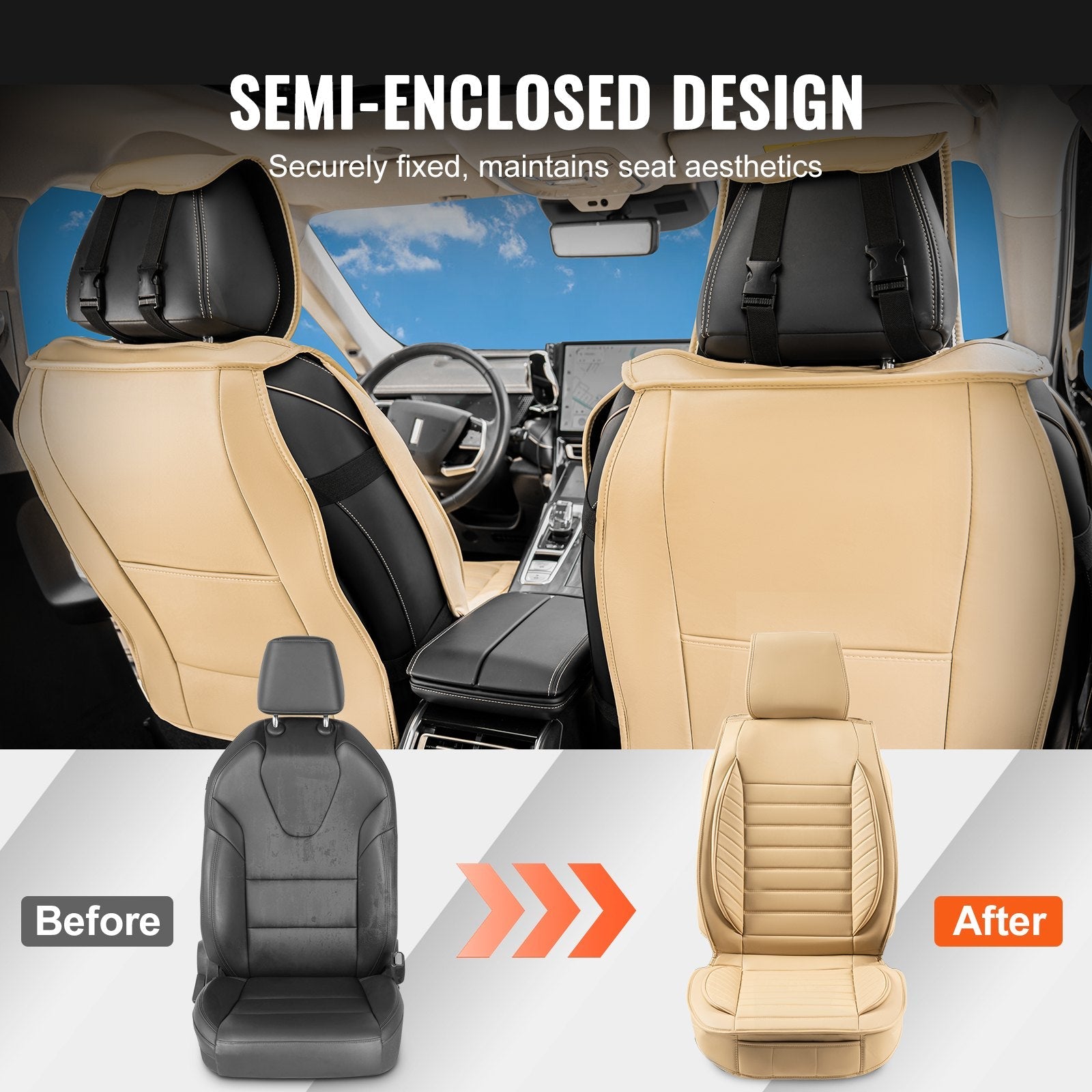 VEVOR Seat Covers, Universal Car Seat Covers Front Seats, 2pcs Faux Leather Seat Cover, Semi-enclosed Design, Detachable Headrest and Airbag Compatible, for Most Cars SUVs and Trucks Beige 