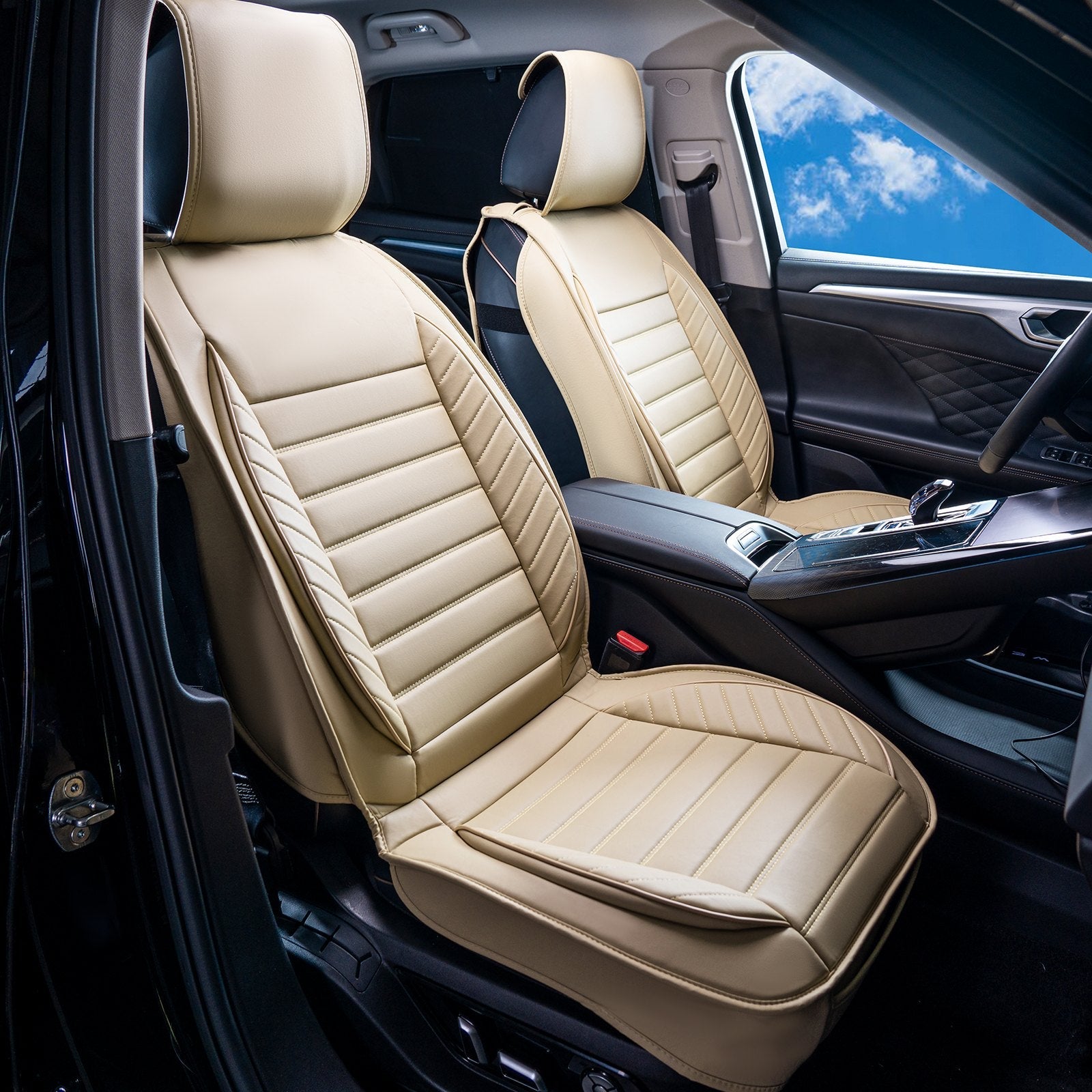 VEVOR Seat Covers, Universal Car Seat Covers Front Seats, 2pcs Faux Leather Seat Cover, Semi-enclosed Design, Detachable Headrest and Airbag Compatible, for Most Cars SUVs and Trucks Beige 