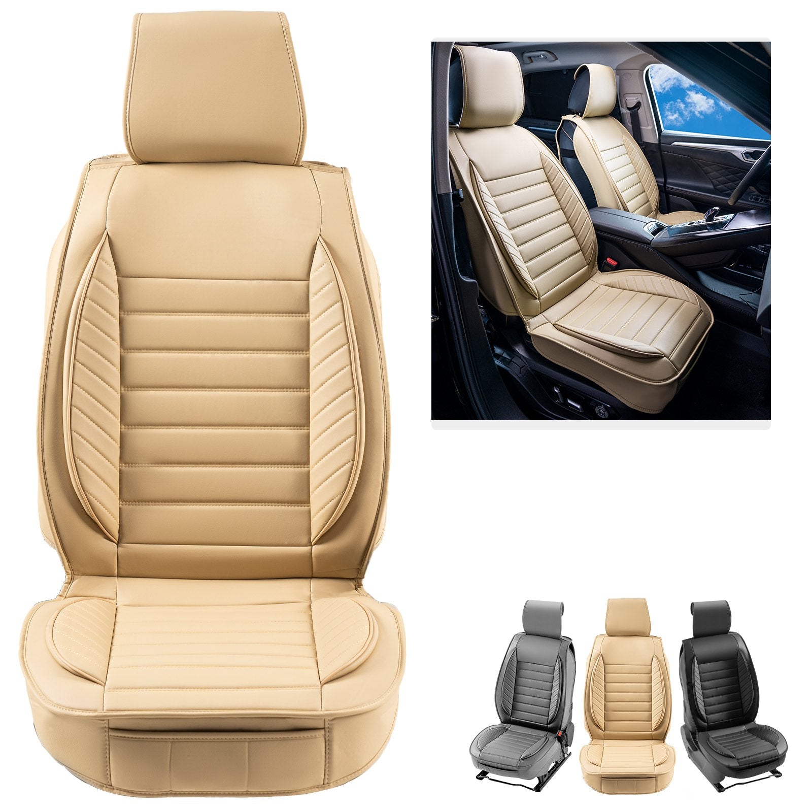 VEVOR Seat Covers, Universal Car Seat Covers Front Seats, 2pcs Faux Leather Seat Cover, Semi-enclosed Design, Detachable Headrest and Airbag Compatible, for Most Cars SUVs and Trucks Beige 