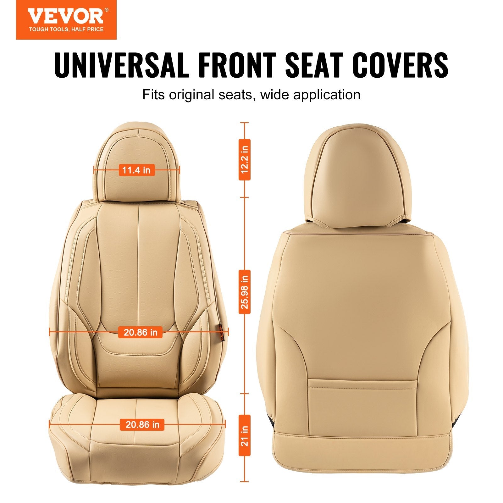 VEVOR Seat Covers, Universal Car Seat Covers Front Seats, 6pcs Faux Leather Seat Cover, Full Enclosed Design, Detachable Headrest and Airbag Compatible, for Most Cars SUVs and Trucks Beige 