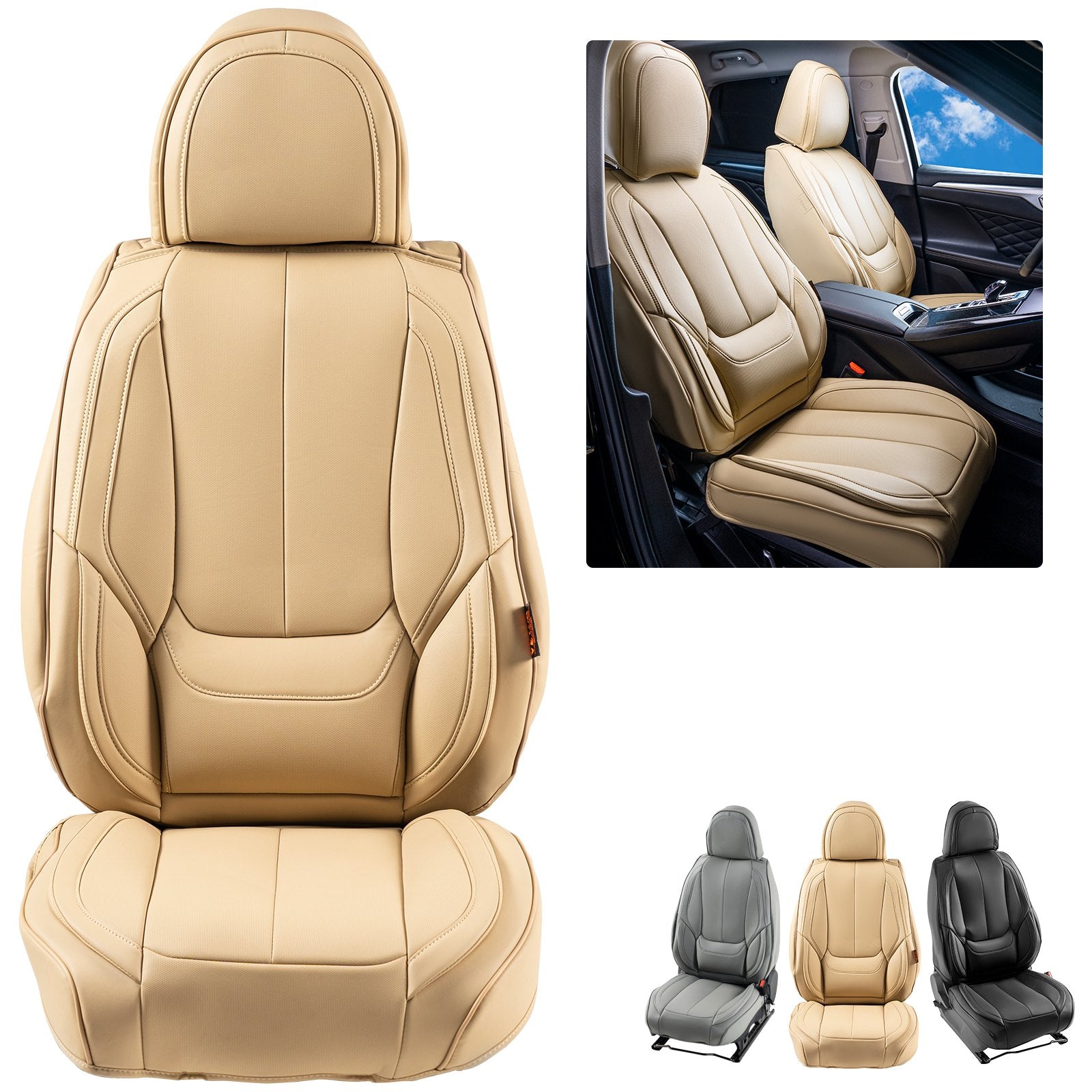 VEVOR Seat Covers, Universal Car Seat Covers Front Seats, 6pcs Faux Leather Seat Cover, Full Enclosed Design, Detachable Headrest and Airbag Compatible, for Most Cars SUVs and Trucks Beige 