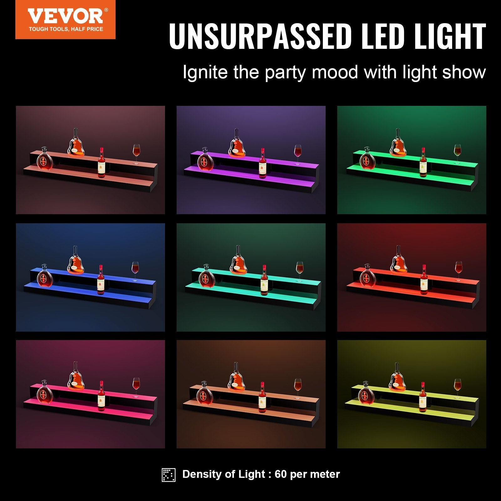 VEVOR LED Lighted Liquor Bottle Display, 2 Tiers 40 Inches, Illuminated Home Bar Shelf with RF Remote & App Control 7 Static Colors 1-4 H Timing, Acrylic Drinks Lighting Shelf for Holding 20 Bottles 