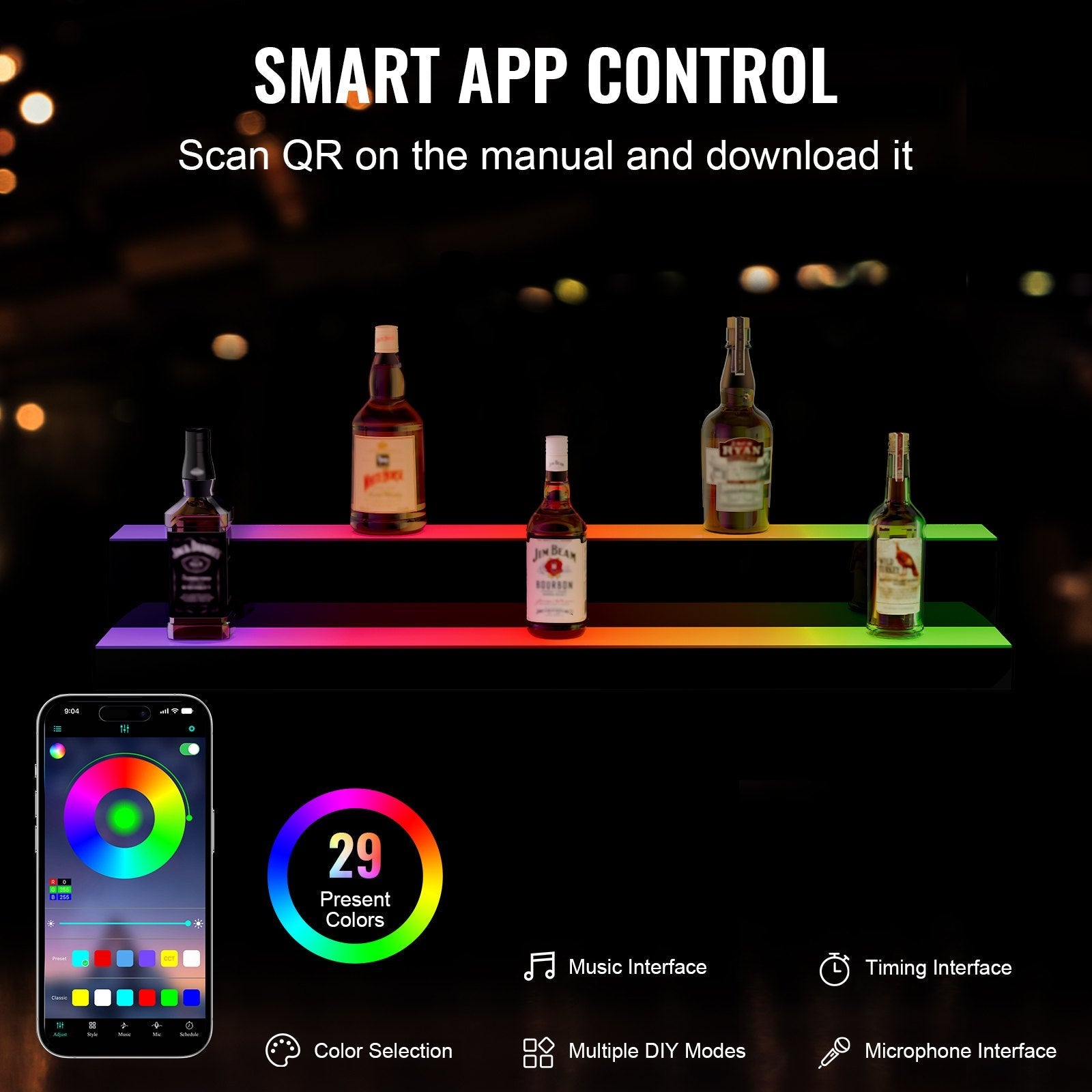 VEVOR LED Lighted Liquor Bottle Display, 2 Tiers 40 Inches, Illuminated Home Bar Shelf with RF Remote & App Control 7 Static Colors 1-4 H Timing, Acrylic Drinks Lighting Shelf for Holding 20 Bottles 