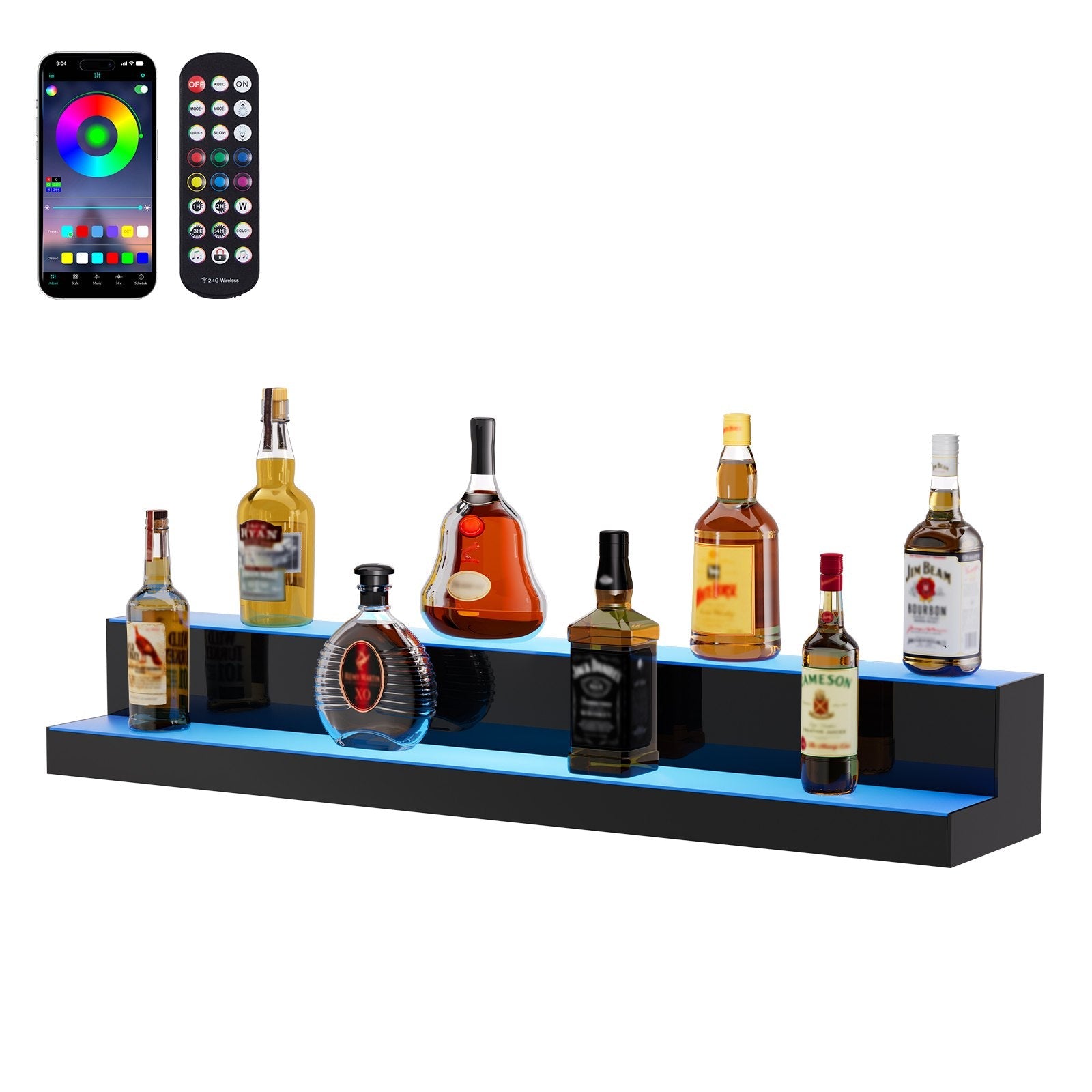 VEVOR LED Lighted Liquor Bottle Display, 2 Tiers 40 Inches, Illuminated Home Bar Shelf with RF Remote & App Control 7 Static Colors 1-4 H Timing, Acrylic Drinks Lighting Shelf for Holding 20 Bottles 