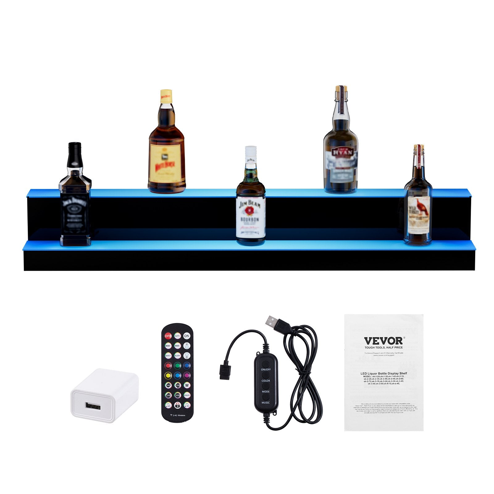 VEVOR LED Lighted Liquor Bottle Display, 2 Tiers 40 Inches, Illuminated Home Bar Shelf with RF Remote & App Control 7 Static Colors 1-4 H Timing, Acrylic Drinks Lighting Shelf for Holding 20 Bottles 