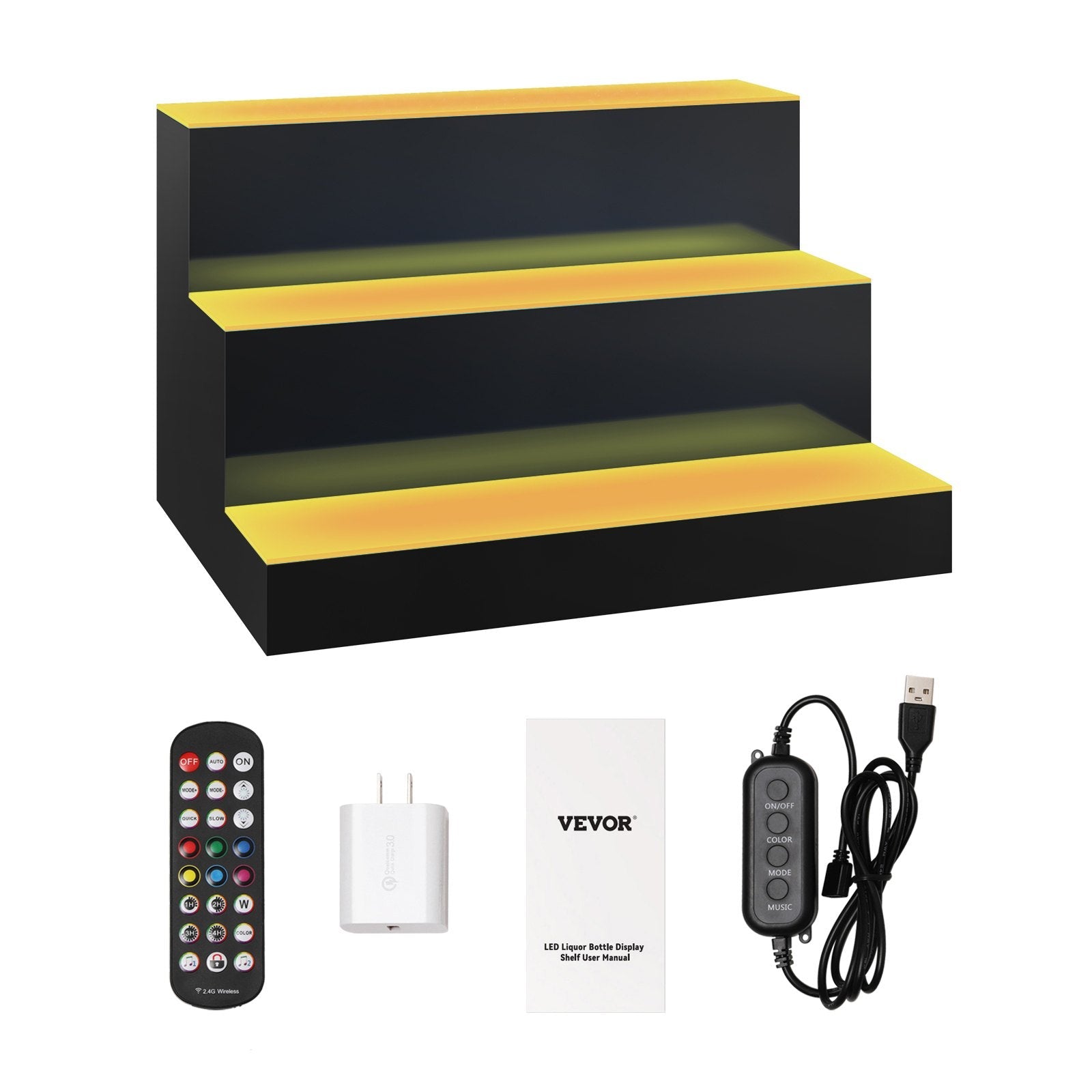 VEVOR LED Lighted Liquor Bottle Display, 3 Tiers 16 Inches, Supports USB, Illuminated Home Bar Shelf with RF Remote & App Control 7 Static Colors 1-4 H Timing, Acrylic Lighting Shelf for 12 Bottles 