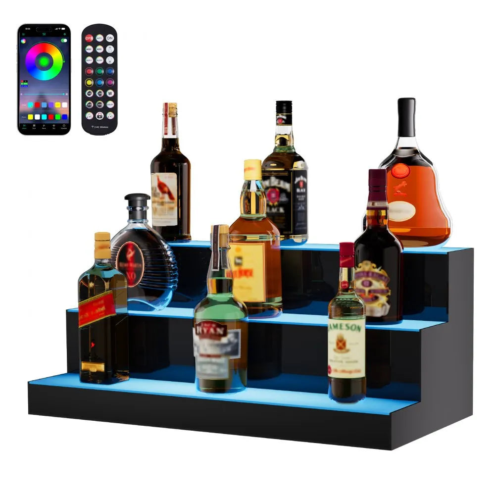 VEVOR LED Lighted Liquor Bottle Display, 3 Tiers 24 Inches, Supports USB, Illuminated Home Bar Shelf with RF Remote & App Control 7 Static Colors 1-4 H Timing, Acrylic Lighting Shelf for 18 Bottles