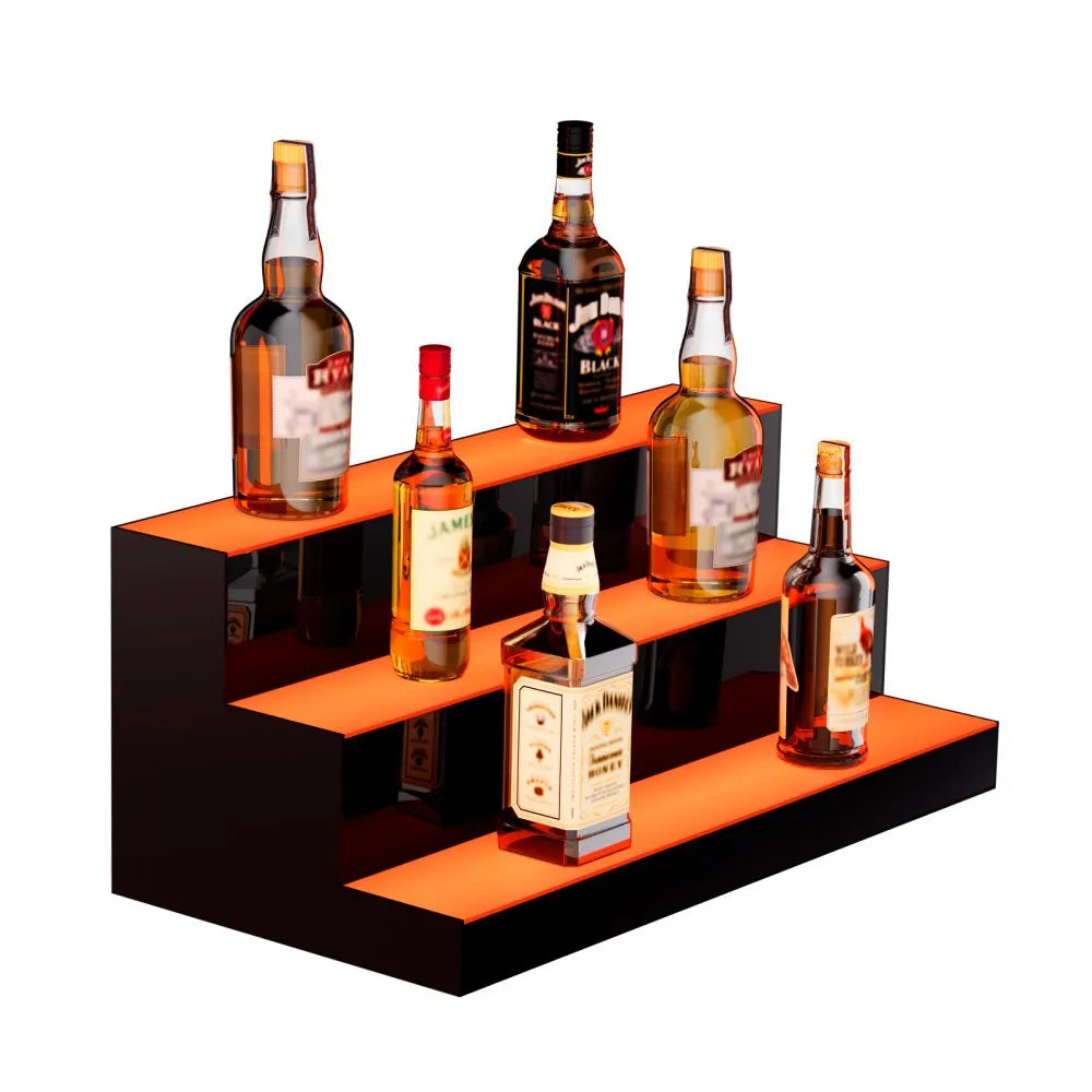 VEVOR LED Lighted Liquor Bottle Display, 3 Tiers 24 Inches, Supports USB, Illuminated Home Bar Shelf with RF Remote & App Control 7 Static Colors 1-4 H Timing, Acrylic Lighting Shelf for 18 Bottles