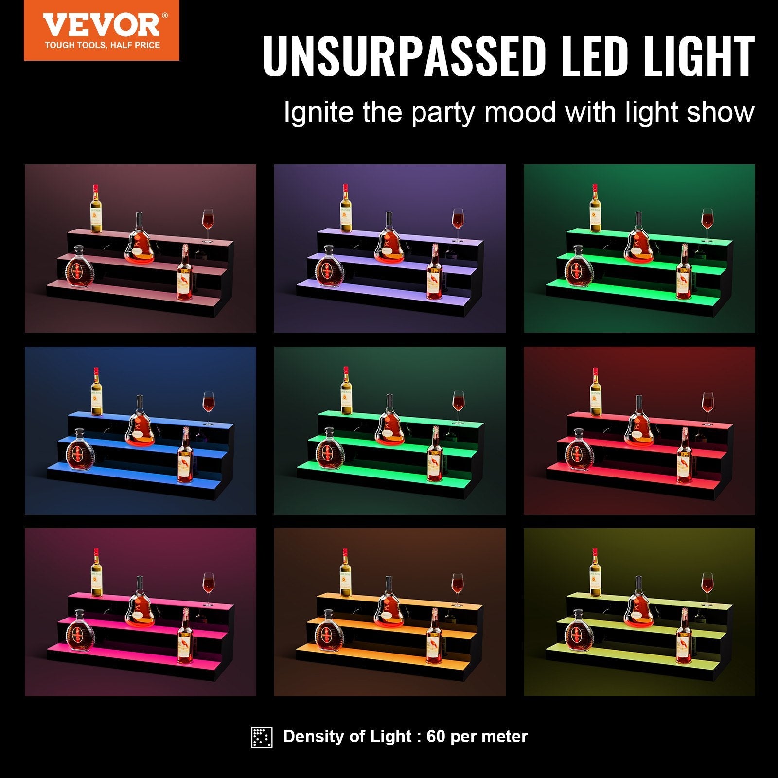 VEVOR LED Lighted Liquor Bottle Display, 3 Tiers 30 Inches, Illuminated Home Bar Shelf with RF Remote & App Control 7 Static Colors 1-4 H Timing, Acrylic Drinks Lighting Shelf for Holding 24 Bottles 