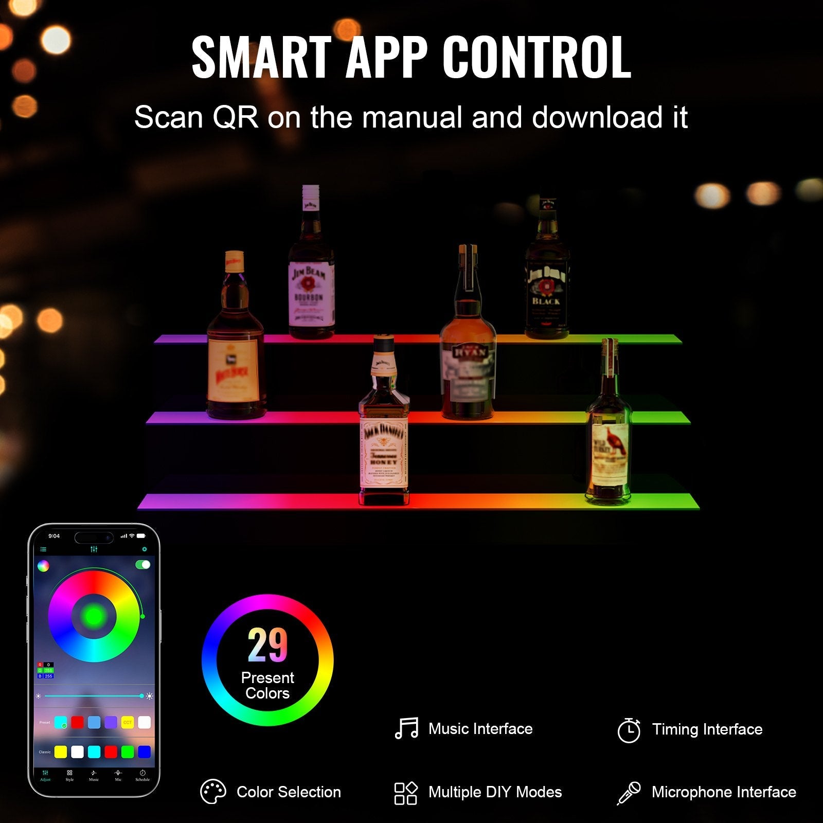 VEVOR LED Lighted Liquor Bottle Display, 3 Tiers 30 Inches, Illuminated Home Bar Shelf with RF Remote & App Control 7 Static Colors 1-4 H Timing, Acrylic Drinks Lighting Shelf for Holding 24 Bottles 
