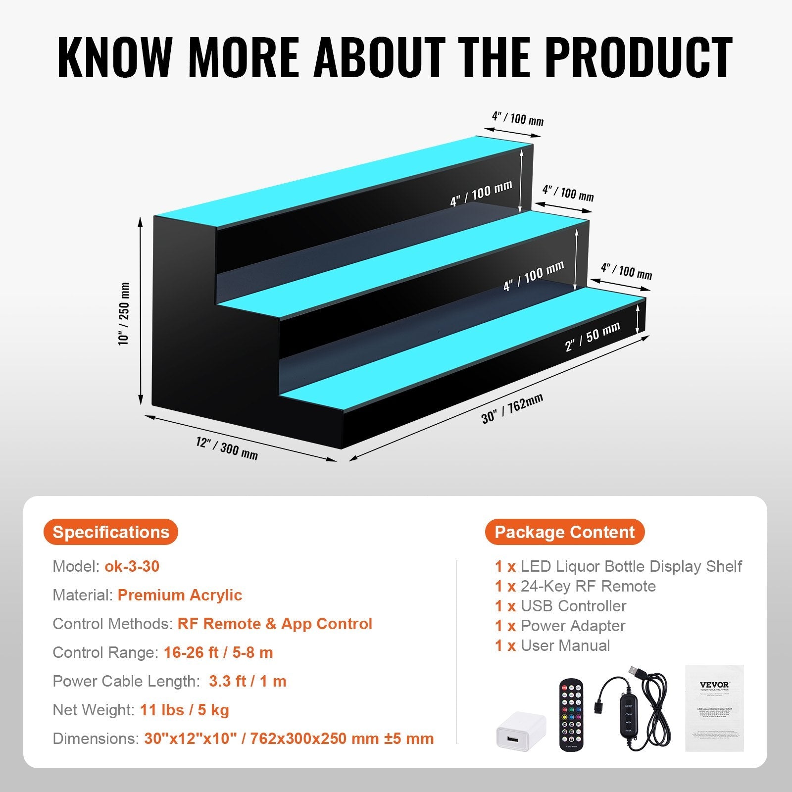 VEVOR LED Lighted Liquor Bottle Display, 3 Tiers 30 Inches, Illuminated Home Bar Shelf with RF Remote & App Control 7 Static Colors 1-4 H Timing, Acrylic Drinks Lighting Shelf for Holding 24 Bottles 