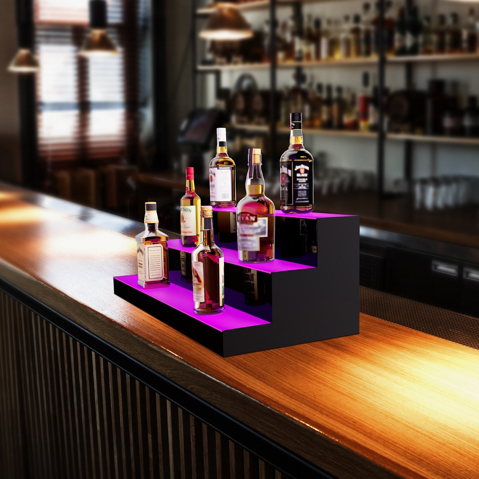 VEVOR LED Lighted Liquor Bottle Display, 3 Tiers 30 Inches, Illuminated Home Bar Shelf with RF Remote & App Control 7 Static Colors 1-4 H Timing, Acrylic Drinks Lighting Shelf for Holding 24 Bottles 