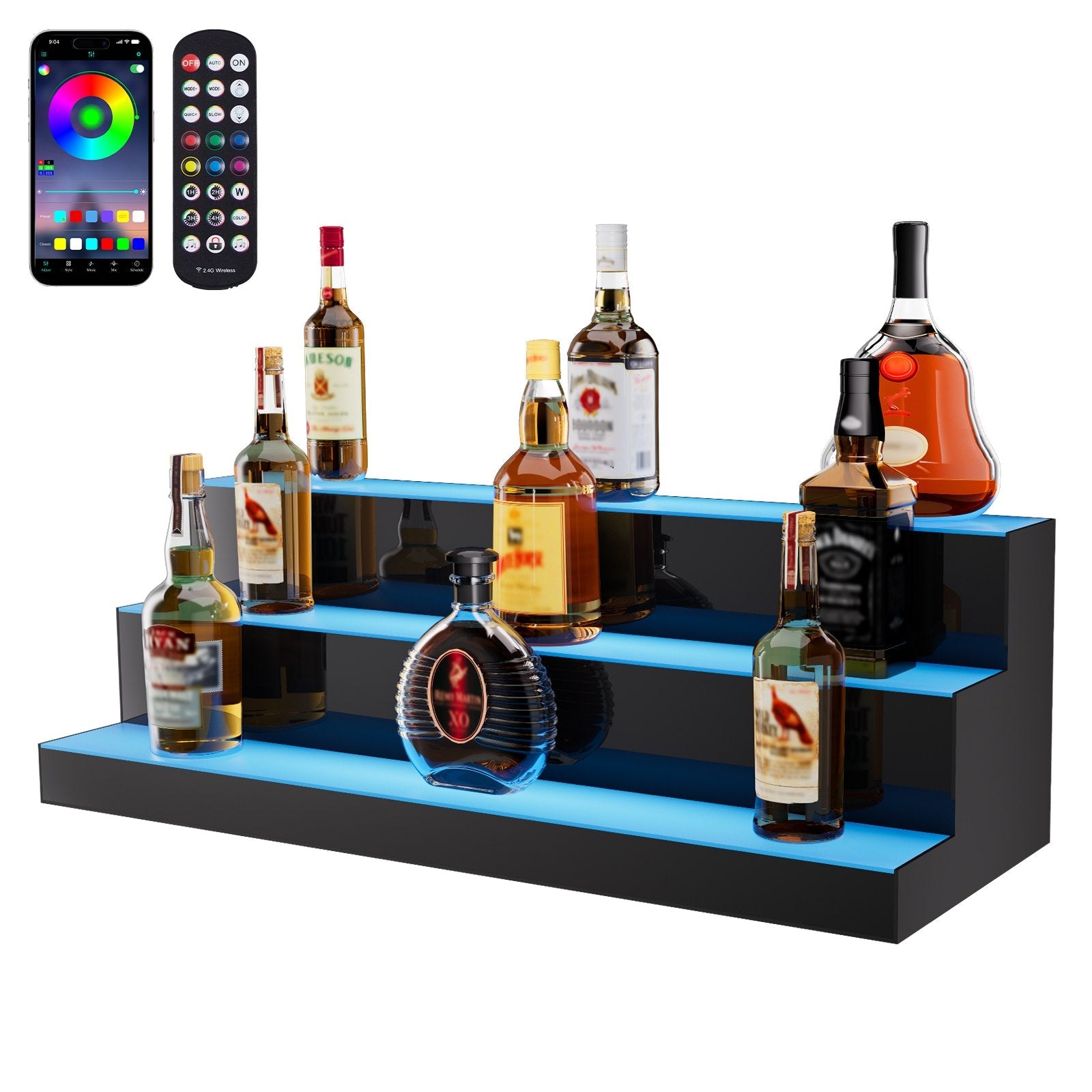 VEVOR LED Lighted Liquor Bottle Display, 3 Tiers 30 Inches, Illuminated Home Bar Shelf with RF Remote & App Control 7 Static Colors 1-4 H Timing, Acrylic Drinks Lighting Shelf for Holding 24 Bottles 