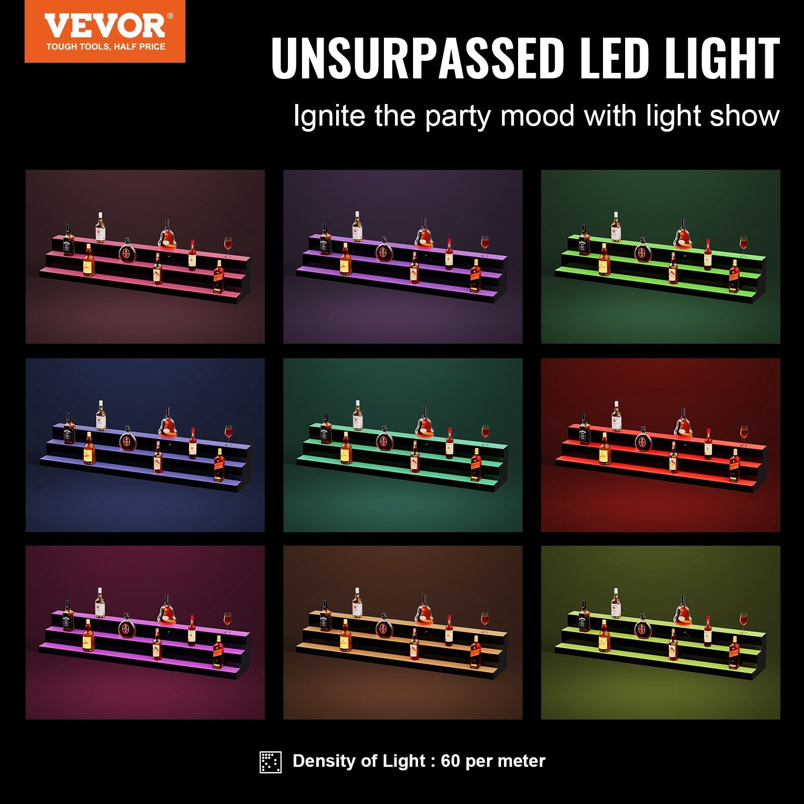 VEVOR LED Lighted Liquor Bottle Display, 3 Tiers 60 Inches, Illuminated Home Bar Shelf with RF Remote & App Control 7 Static Colors 1-4 H Timing, Acrylic Drinks Lighting Shelf for Holding 54 Bottles 