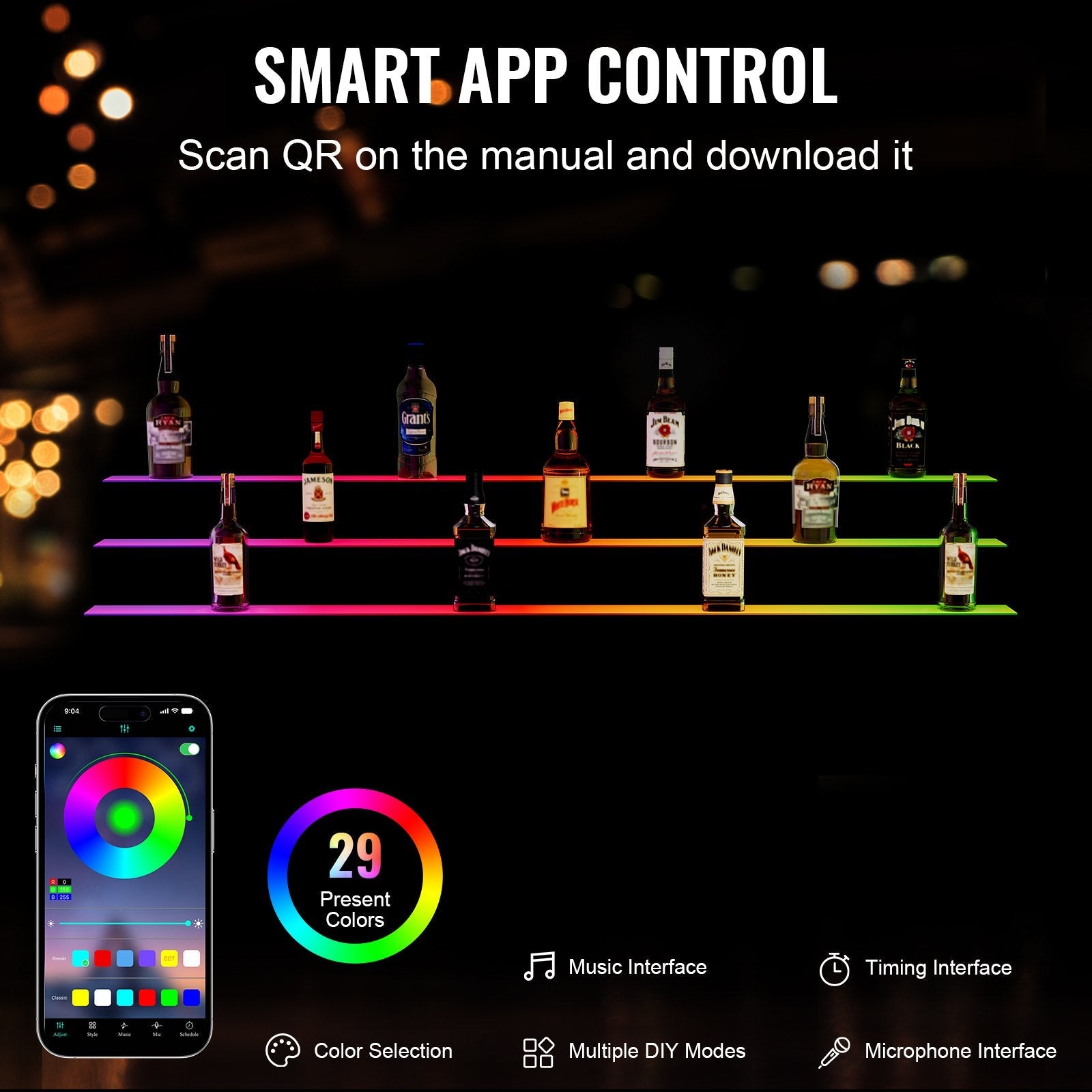 VEVOR LED Lighted Liquor Bottle Display, 3 Tiers 60 Inches, Illuminated Home Bar Shelf with RF Remote & App Control 7 Static Colors 1-4 H Timing, Acrylic Drinks Lighting Shelf for Holding 54 Bottles 