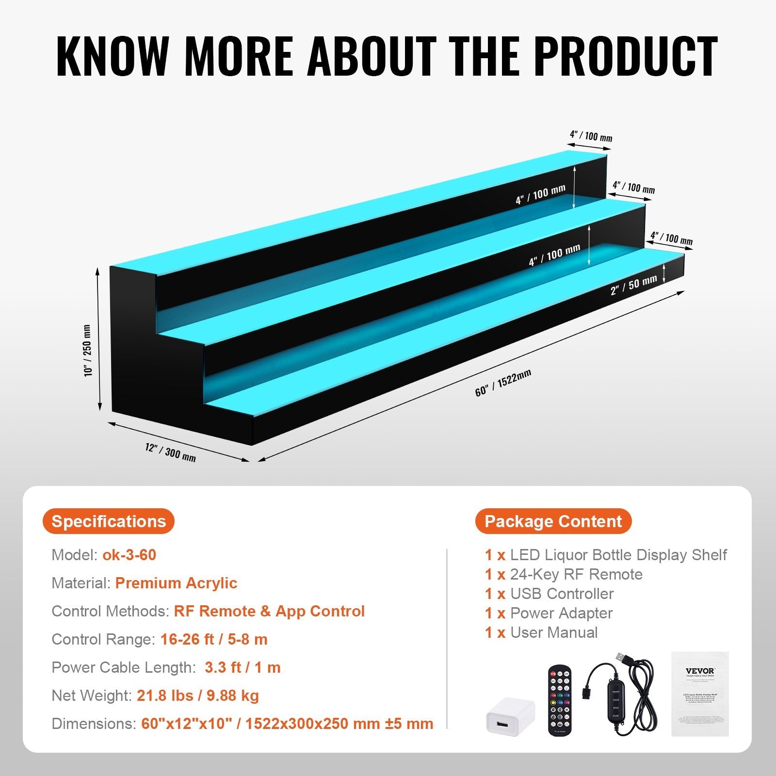 VEVOR LED Lighted Liquor Bottle Display, 3 Tiers 60 Inches, Illuminated Home Bar Shelf with RF Remote & App Control 7 Static Colors 1-4 H Timing, Acrylic Drinks Lighting Shelf for Holding 54 Bottles 