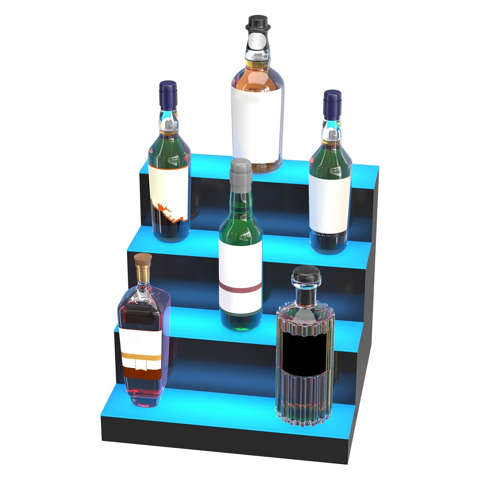 VEVOR LED Lighted Liquor Bottle Display, 4 Tiers 16 Inches, Supports USB, Illuminated Home Bar Shelf with RF Remote & App Control 7 Static Colors 1-4 H Timing, Acrylic Lighting Shelf for 16 Bottles 