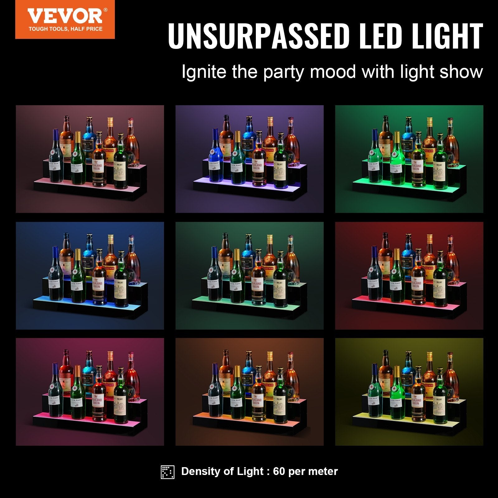 VEVOR LED Lighted Liquor Bottle Display Bar Shelf RF & App Control 24" 2-Step 