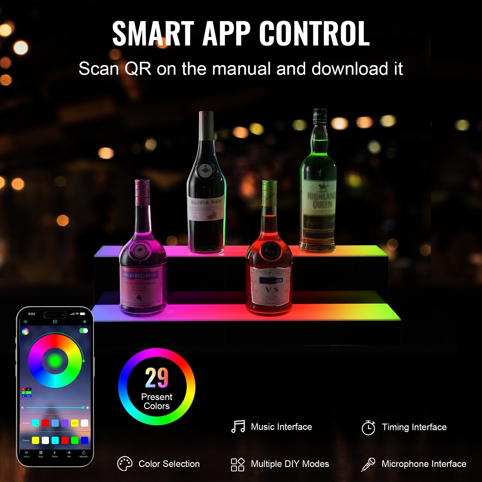 VEVOR LED Lighted Liquor Bottle Display Bar Shelf RF & App Control 24" 2-Step 