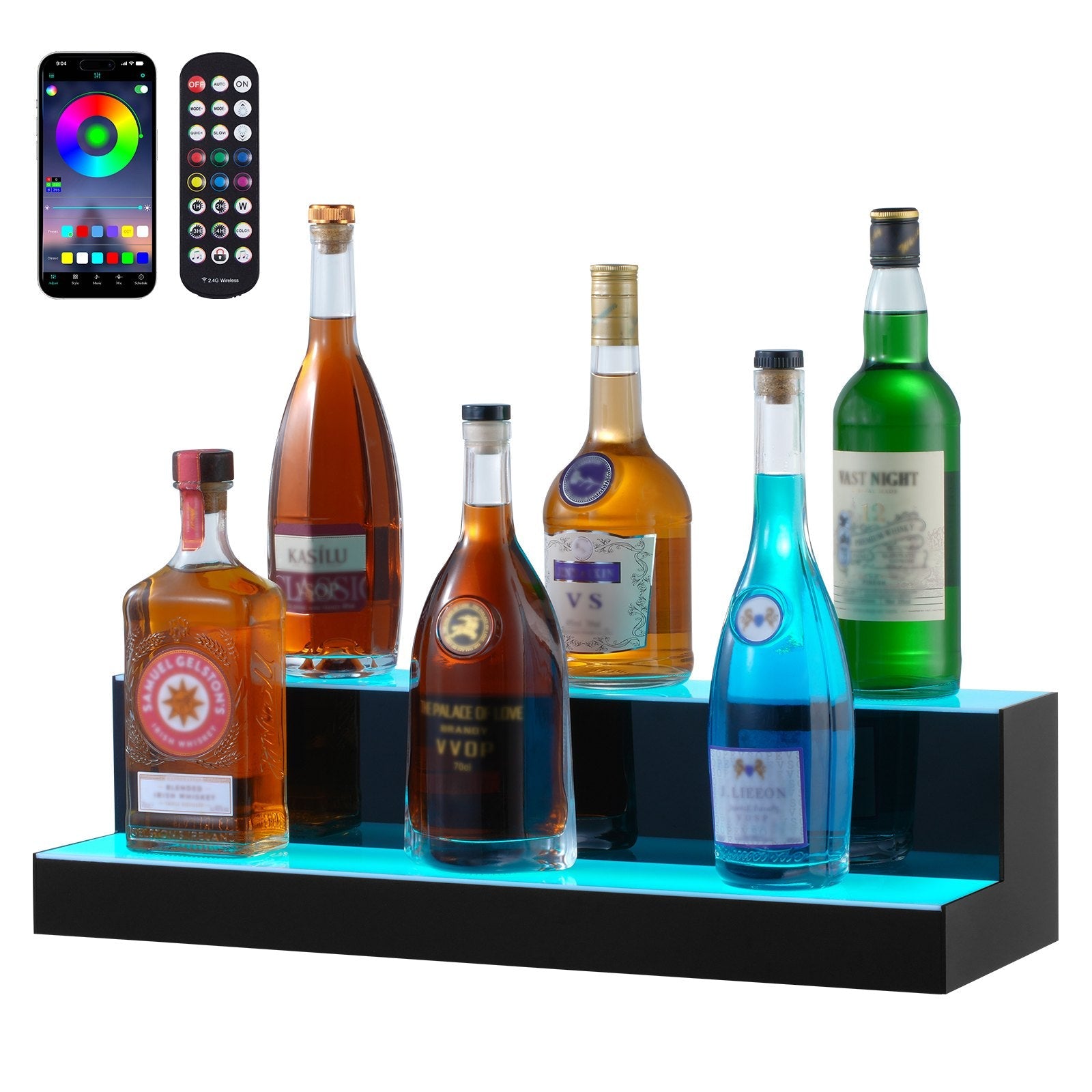 VEVOR LED Lighted Liquor Bottle Display Bar Shelf RF & App Control 24" 2-Step 