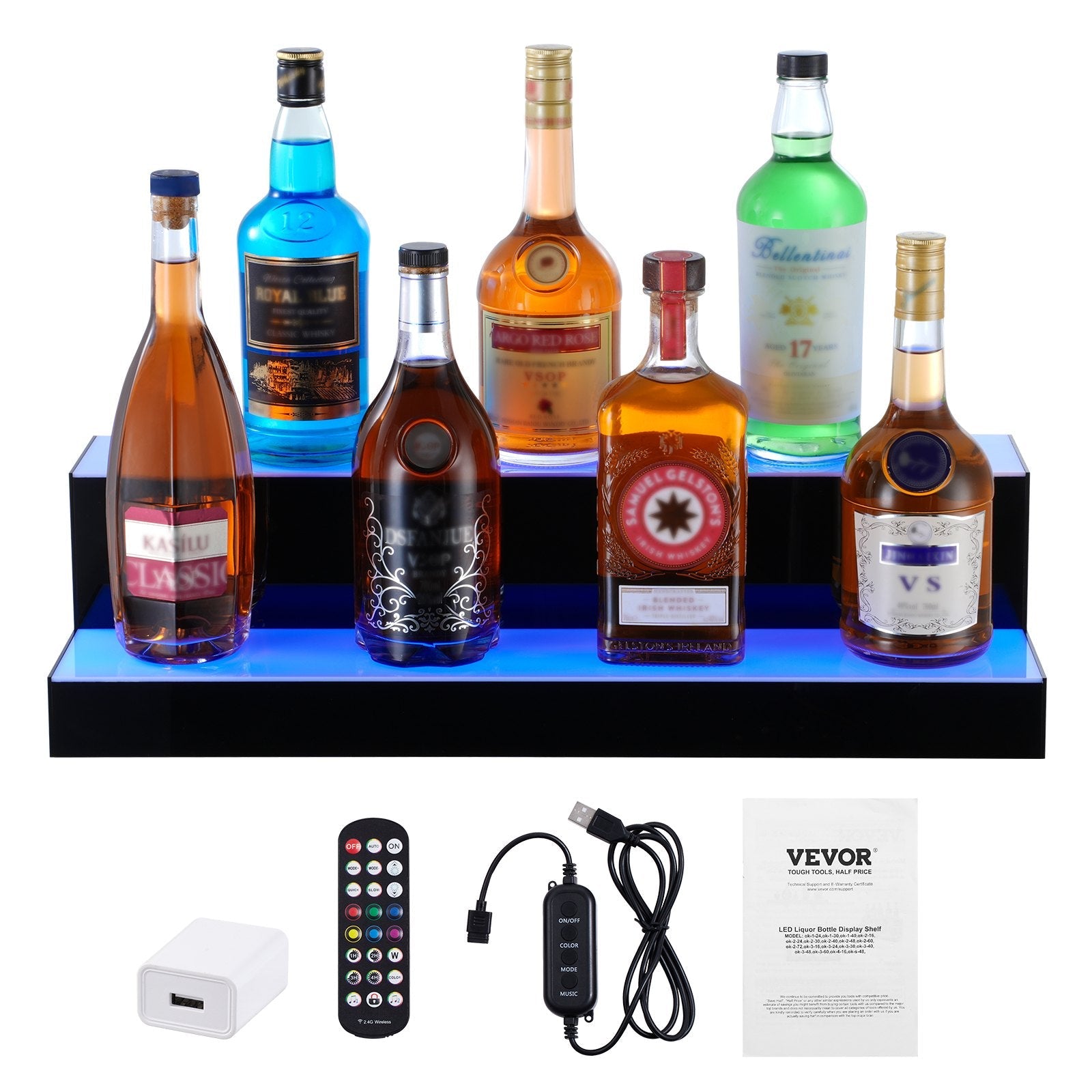 VEVOR LED Lighted Liquor Bottle Display Bar Shelf RF & App Control 24" 2-Step 