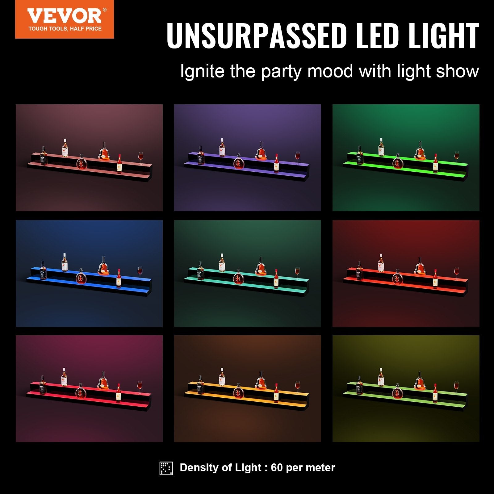 VEVOR LED Lighted Liquor Bottle Display Bar Shelf RF & App Control 60" 2-Step 