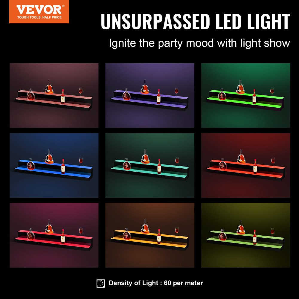 VEVOR LED Lighted Liquor Bottle Display Bar Shelf RF & App Control 48" 2-Step 