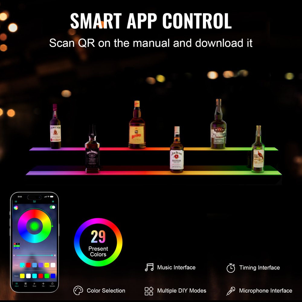 VEVOR LED Lighted Liquor Bottle Display Bar Shelf RF & App Control 48" 2-Step 
