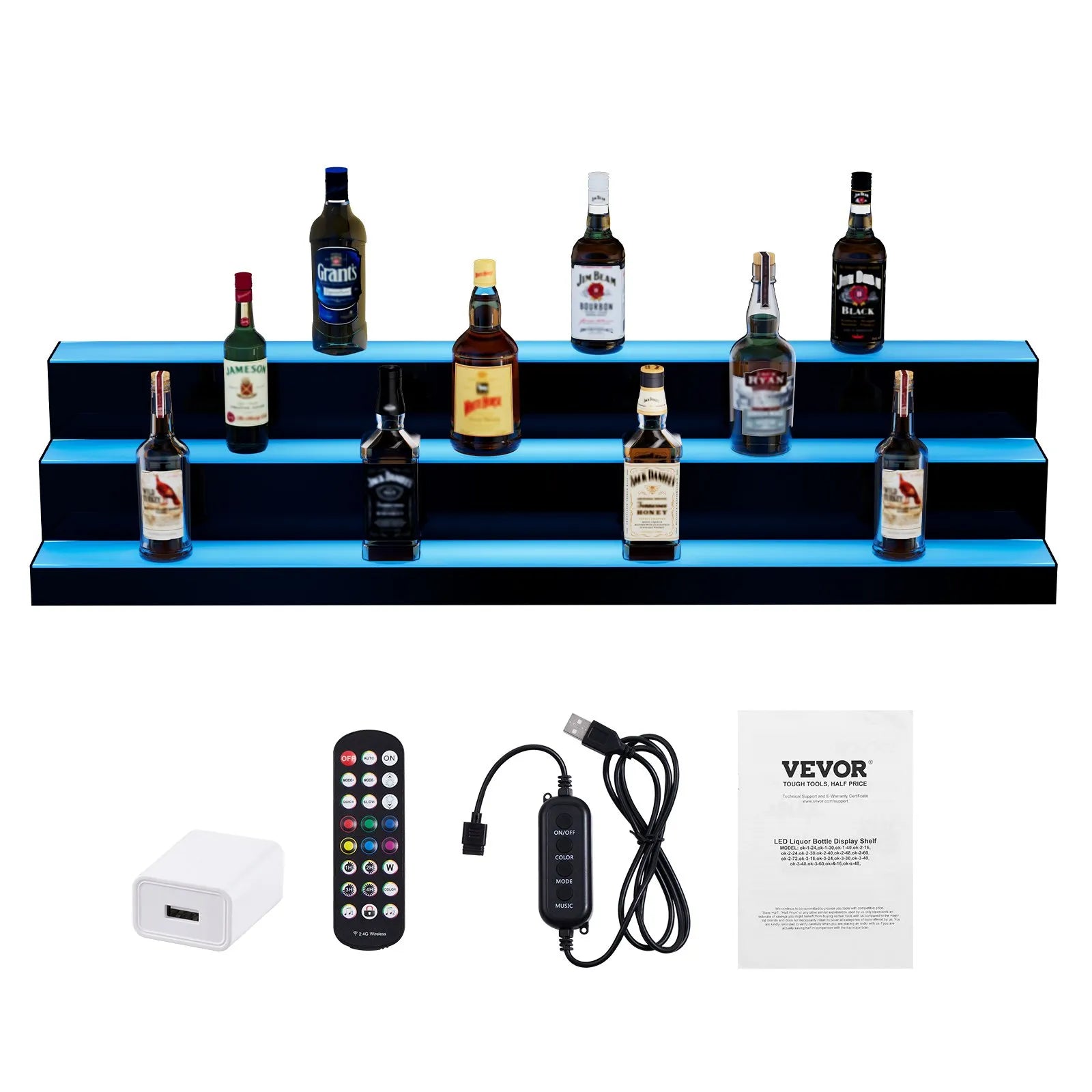 VEVOR LED Lighted Liquor Bottle Display Bar Shelf RF & App Control 48" 3-Step