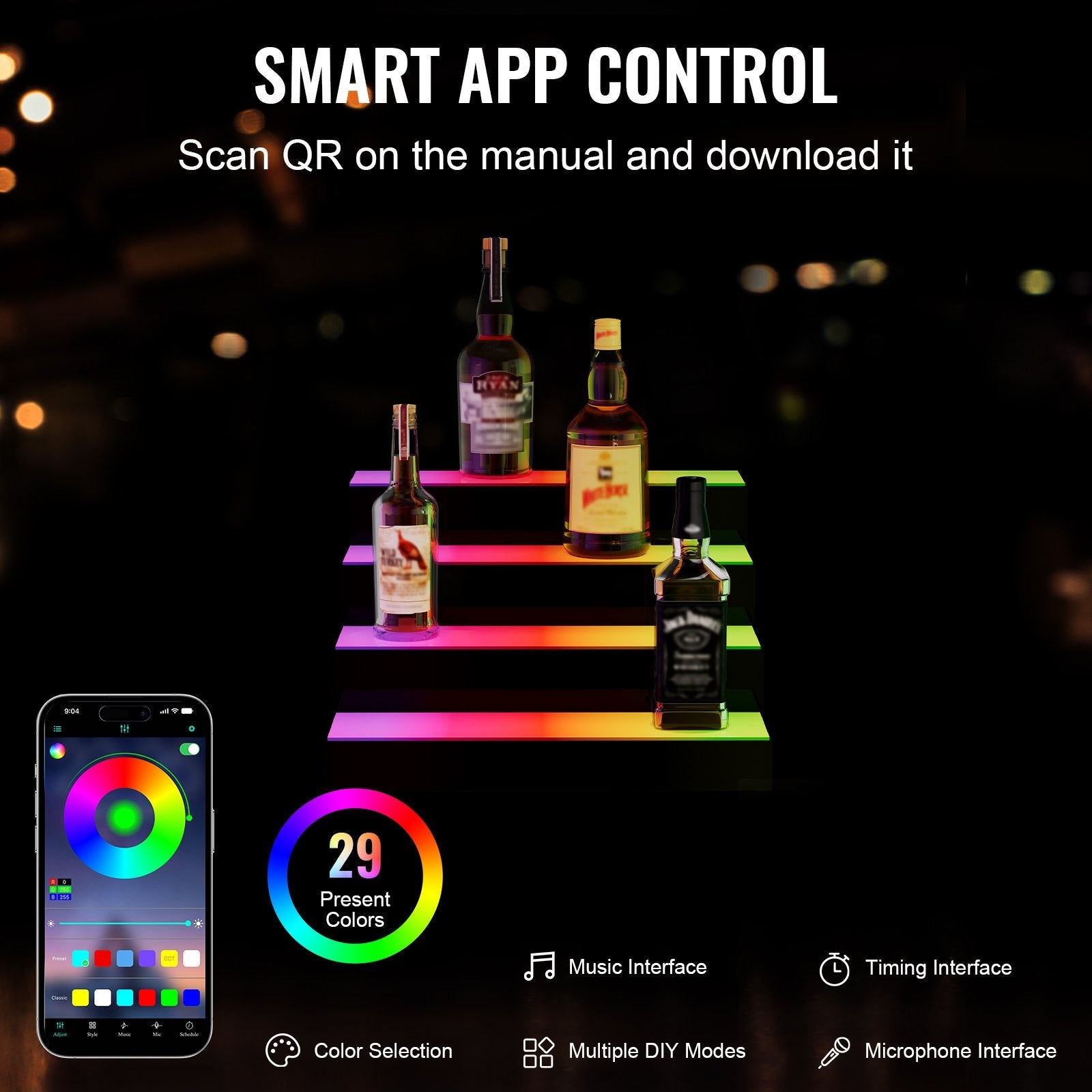 VEVOR LED Lighted Liquor Bottle Display Bar Shelf RF & App Control 16" 4-Step 