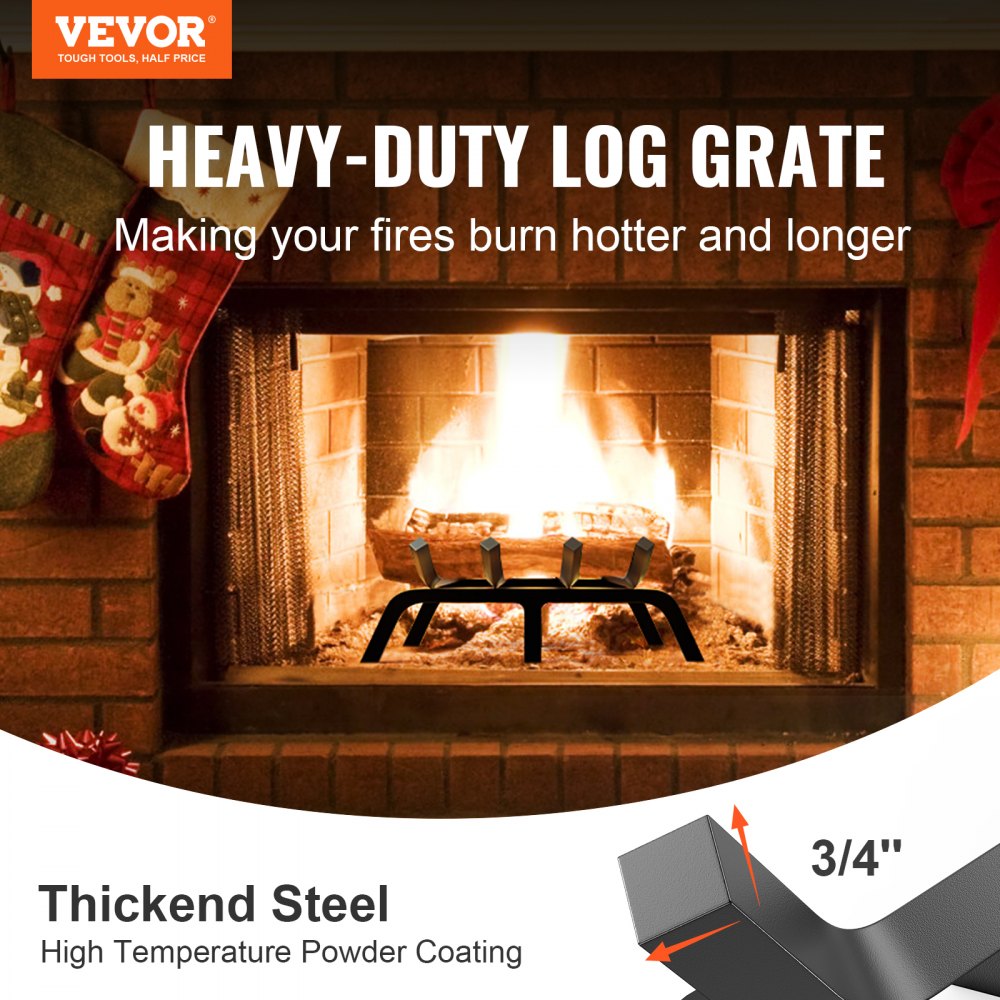 VEVOR Fireplace Log Grate, 18 inch Heavy Duty Fireplace Grate with 6 Support Legs, 3/4’’ Solid Powder-coated Steel Bars, Log Firewood Burning Rack Holder for Indoor and Outdoor Fireplace 