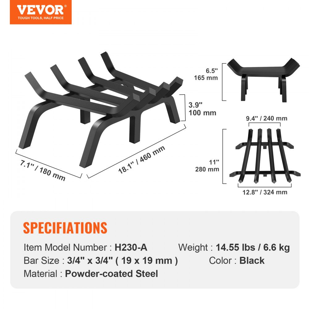 VEVOR Fireplace Log Grate, 18 inch Heavy Duty Fireplace Grate with 6 Support Legs, 3/4’’ Solid Powder-coated Steel Bars, Log Firewood Burning Rack Holder for Indoor and Outdoor Fireplace 