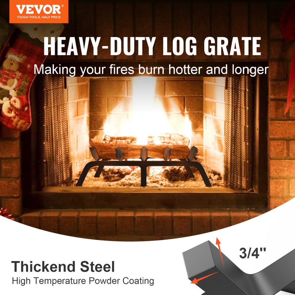 VEVOR Fireplace Log Grate, 21 inch Heavy Duty Fireplace Grate with 6 Support Legs, 3/4’’ Solid Powder-coated Steel Bars, Log Firewood Burning Rack Holder for Indoor and Outdoor Fireplace 
