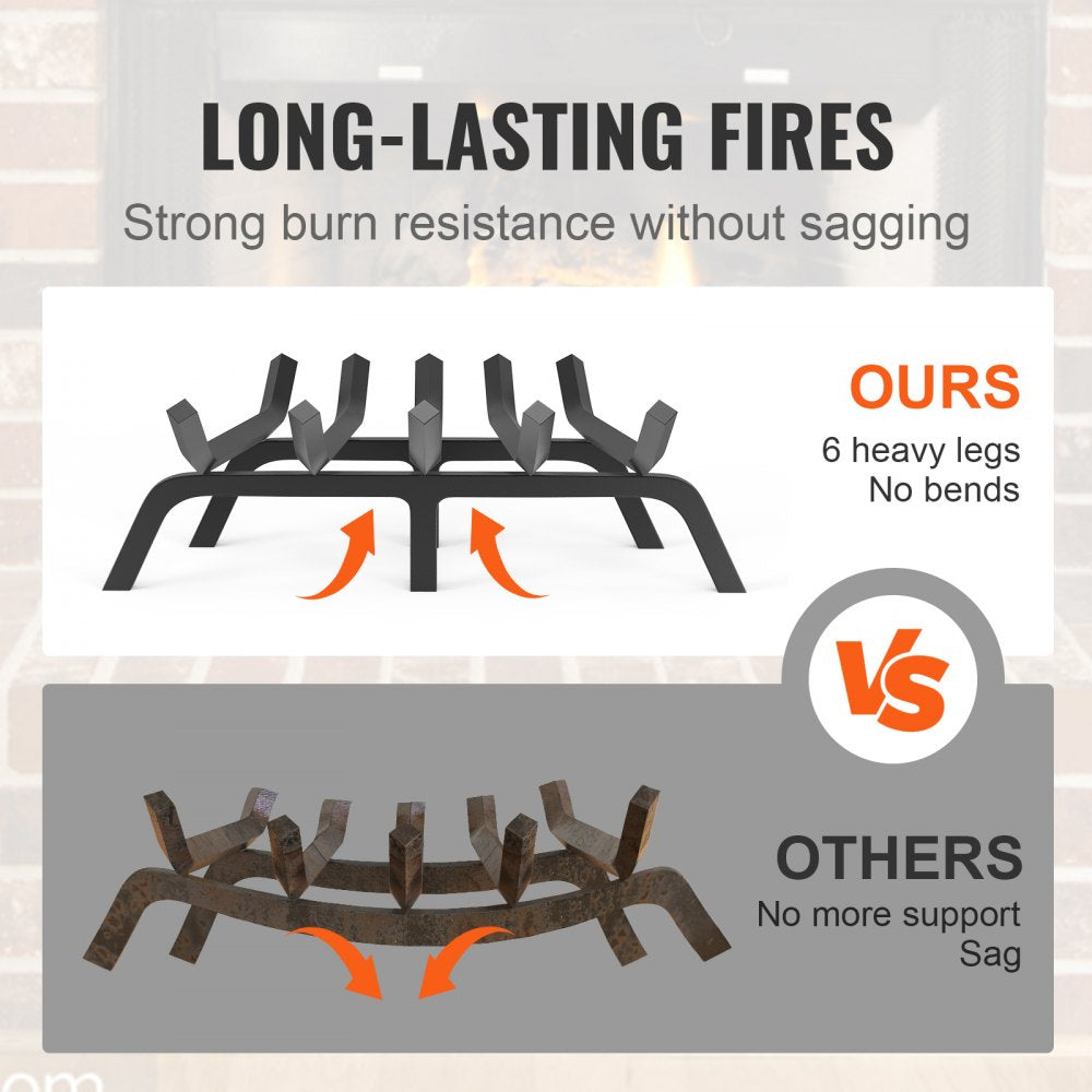 VEVOR Fireplace Log Grate, 21 inch Heavy Duty Fireplace Grate with 6 Support Legs, 3/4’’ Solid Powder-coated Steel Bars, Log Firewood Burning Rack Holder for Indoor and Outdoor Fireplace 