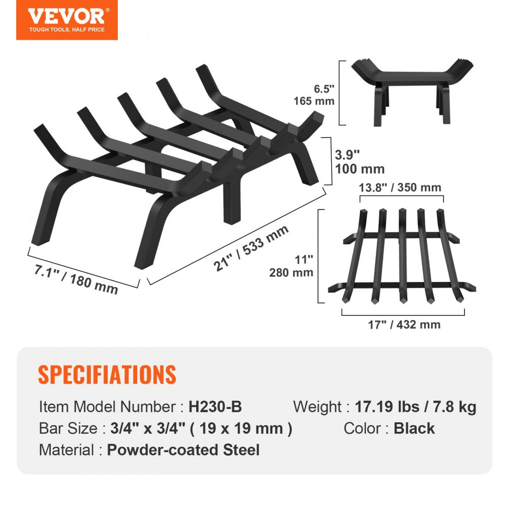 VEVOR Fireplace Log Grate, 21 inch Heavy Duty Fireplace Grate with 6 Support Legs, 3/4’’ Solid Powder-coated Steel Bars, Log Firewood Burning Rack Holder for Indoor and Outdoor Fireplace 