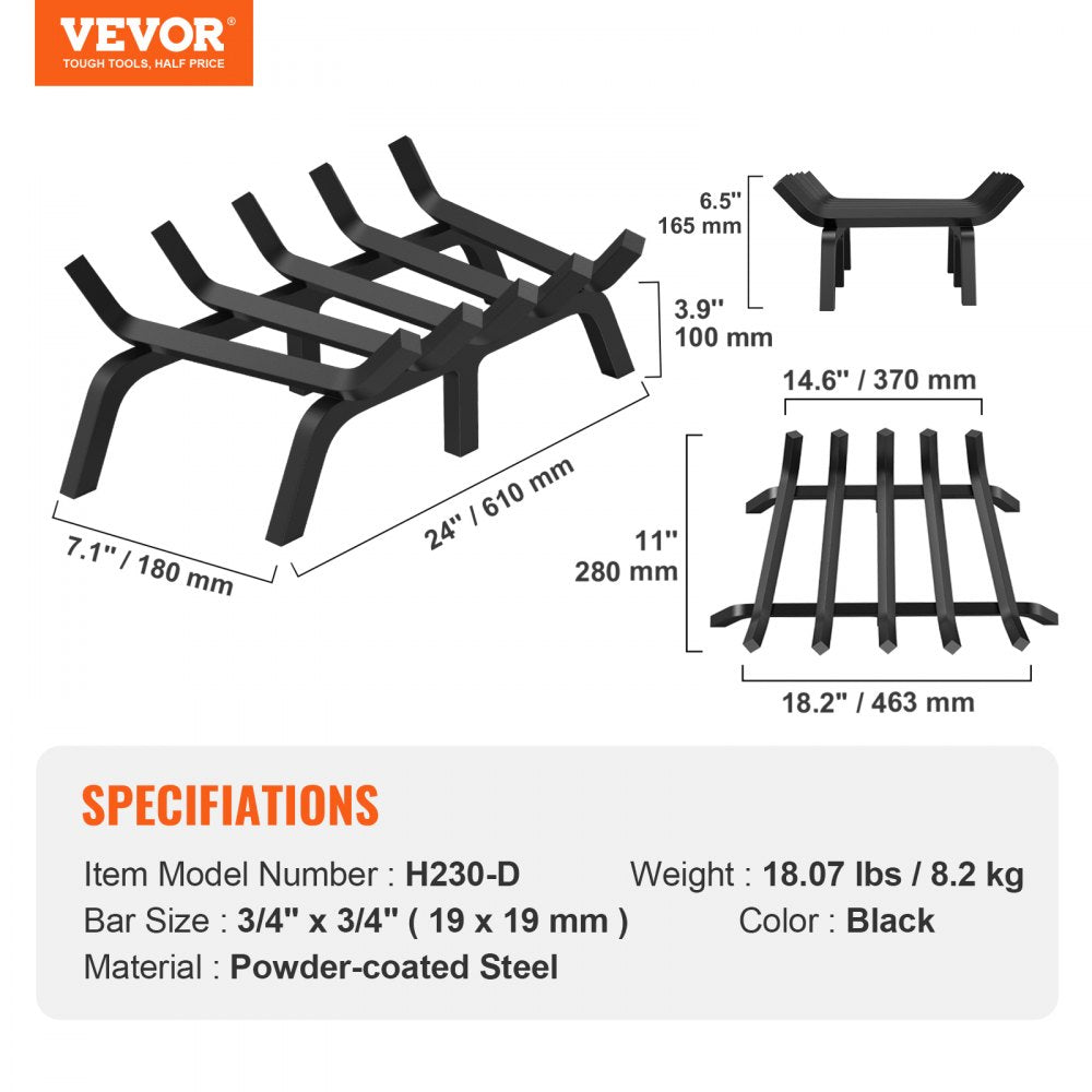 VEVOR Fireplace Log Grate, 24 inch Heavy Duty Fireplace Grate with 6 Support Legs, 3/4’’ Solid Powder-coated Steel Bars, Log Firewood Burning Rack Holder for Indoor and Outdoor Fireplace 