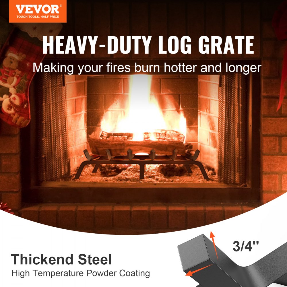 VEVOR Fireplace Log Grate, 27 inch Heavy Duty Fireplace Grate with 6 Support Legs, 3/4’’ Solid Powder-coated Steel Bars, Log Firewood Burning Rack Holder for Indoor and Outdoor Fireplace 
