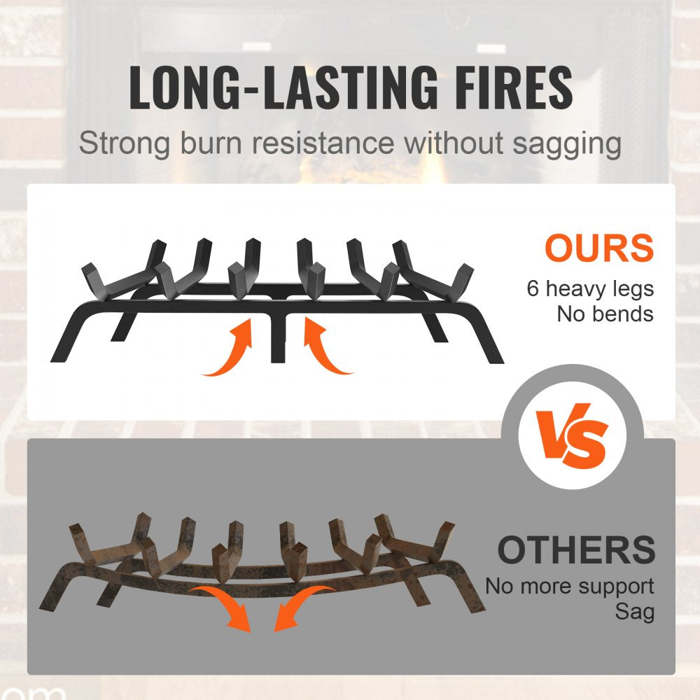 VEVOR Fireplace Log Grate, 27 inch Heavy Duty Fireplace Grate with 6 Support Legs, 3/4’’ Solid Powder-coated Steel Bars, Log Firewood Burning Rack Holder for Indoor and Outdoor Fireplace 