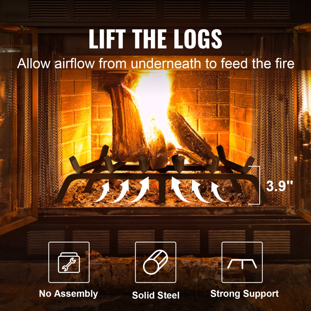VEVOR Fireplace Log Grate, 27 inch Heavy Duty Fireplace Grate with 6 Support Legs, 3/4’’ Solid Powder-coated Steel Bars, Log Firewood Burning Rack Holder for Indoor and Outdoor Fireplace 