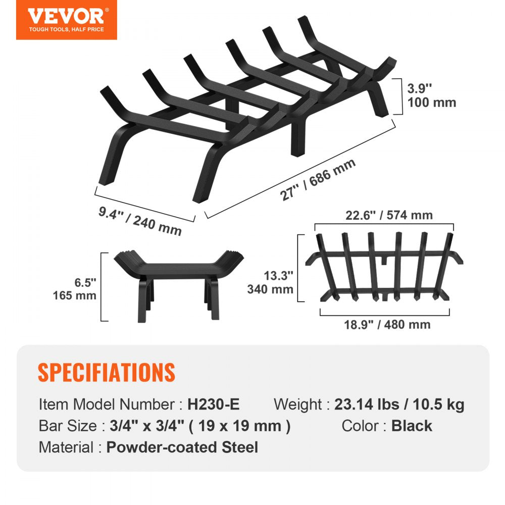 VEVOR Fireplace Log Grate, 27 inch Heavy Duty Fireplace Grate with 6 Support Legs, 3/4’’ Solid Powder-coated Steel Bars, Log Firewood Burning Rack Holder for Indoor and Outdoor Fireplace 