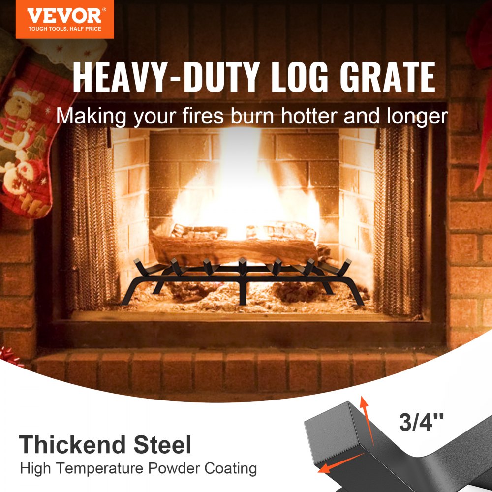 VEVOR Fireplace Log Grate, 30 inch Heavy Duty Fireplace Grate with 6 Support Legs, 3/4’’ Solid Powder-coated Steel Bars, Log Firewood Burning Rack Holder for Indoor and Outdoor Fireplace 