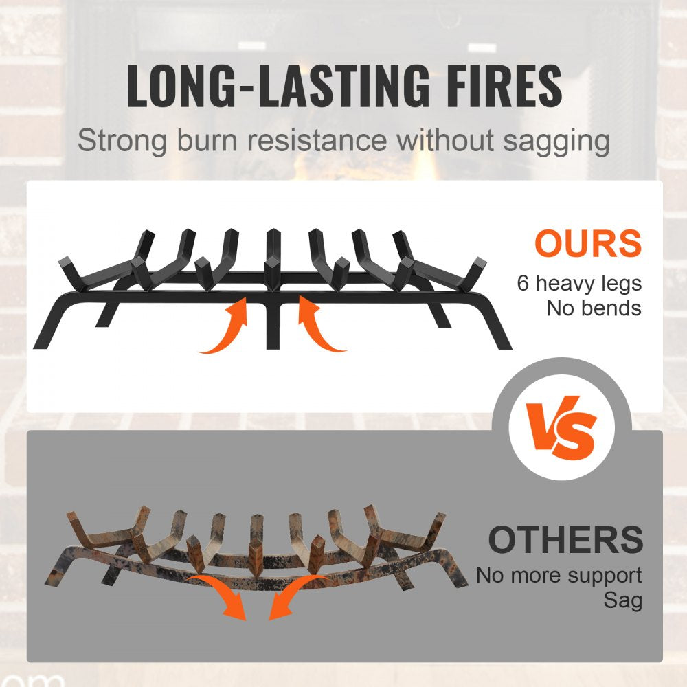 VEVOR Fireplace Log Grate, 30 inch Heavy Duty Fireplace Grate with 6 Support Legs, 3/4’’ Solid Powder-coated Steel Bars, Log Firewood Burning Rack Holder for Indoor and Outdoor Fireplace 