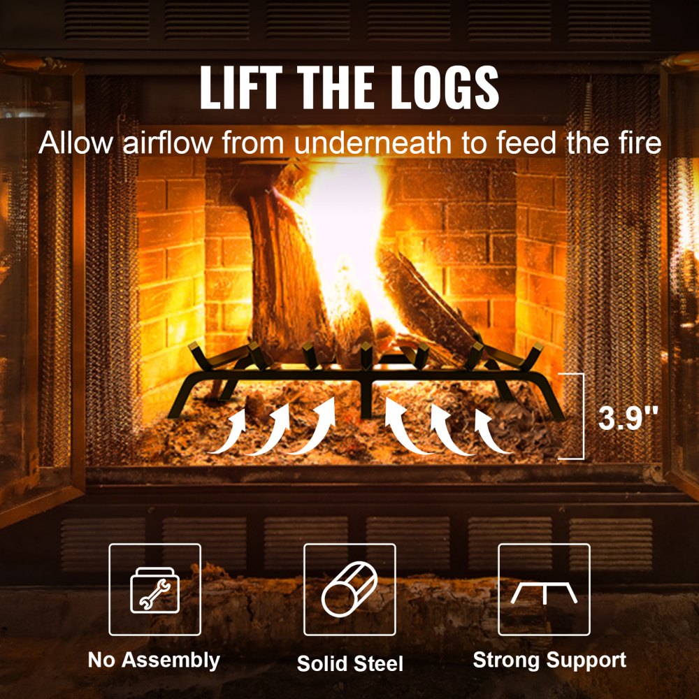 VEVOR Fireplace Log Grate, 30 inch Heavy Duty Fireplace Grate with 6 Support Legs, 3/4’’ Solid Powder-coated Steel Bars, Log Firewood Burning Rack Holder for Indoor and Outdoor Fireplace 